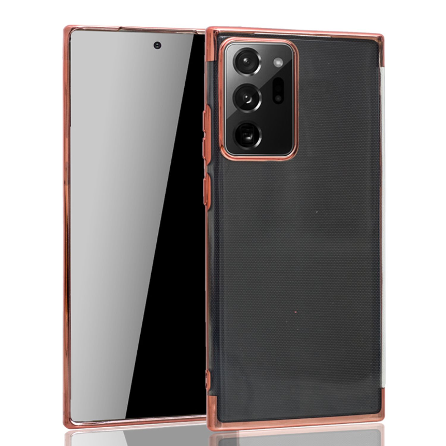 Ein Telefon in einer rosa umrandeten Hülle, mit drei Rückkameras, auf schwarzem Hintergrund.