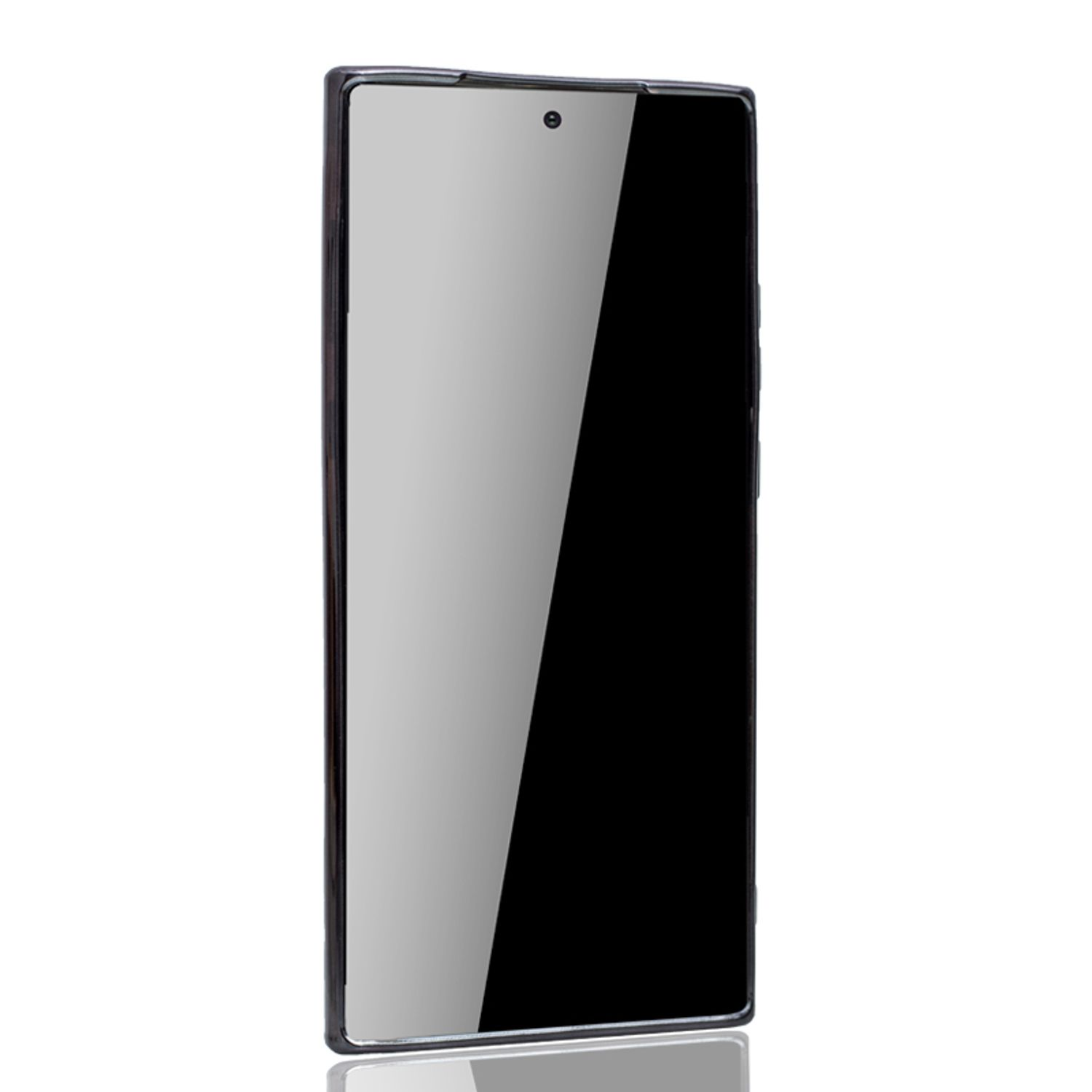 Schwarzer Displayschutz auf einem Telefon, mit Spiegelung auf weißer Oberfläche.