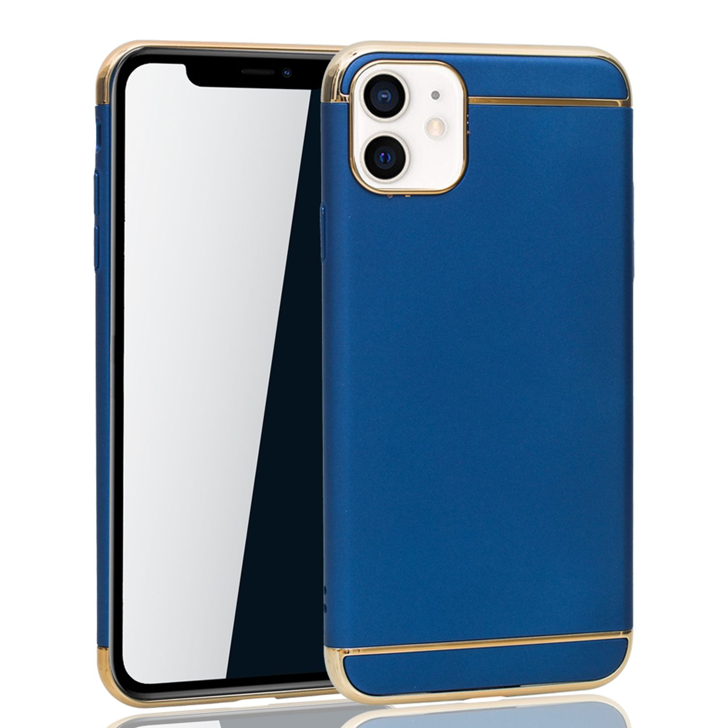Eine blaue Handyhülle mit goldenem Rahmen. Das Telefon befindet sich auf einer weißen Oberfläche, mit schwarzem Bildschirm.
