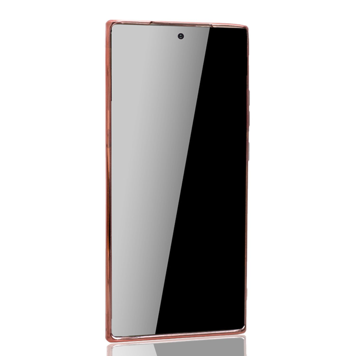 Telefon mit rosa Hülle, Bildschirm an. Vorderansicht, weißer Hintergrund.