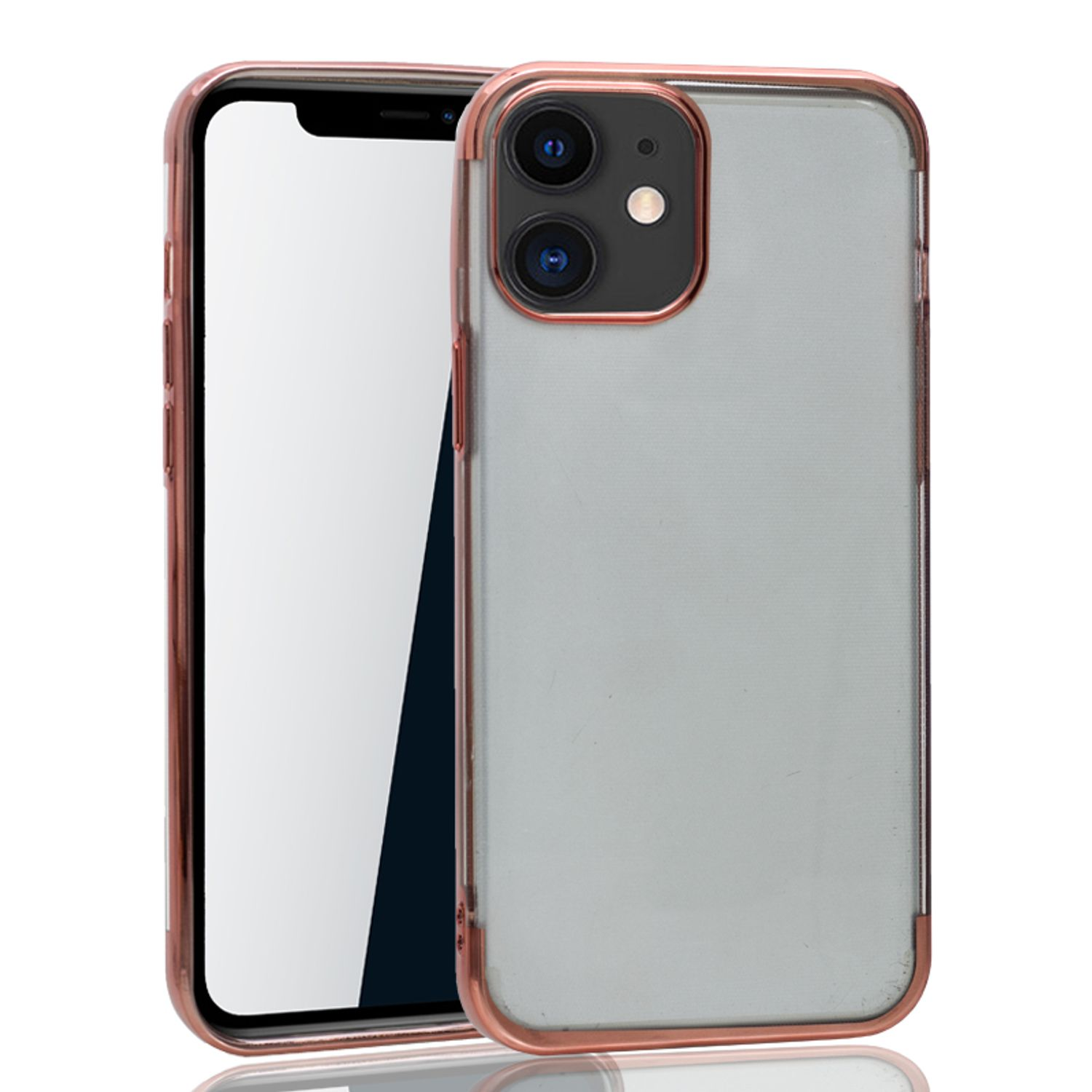 Telefon in klarer Hülle mit roségoldfarbenem Rand. Weißer Hintergrund.