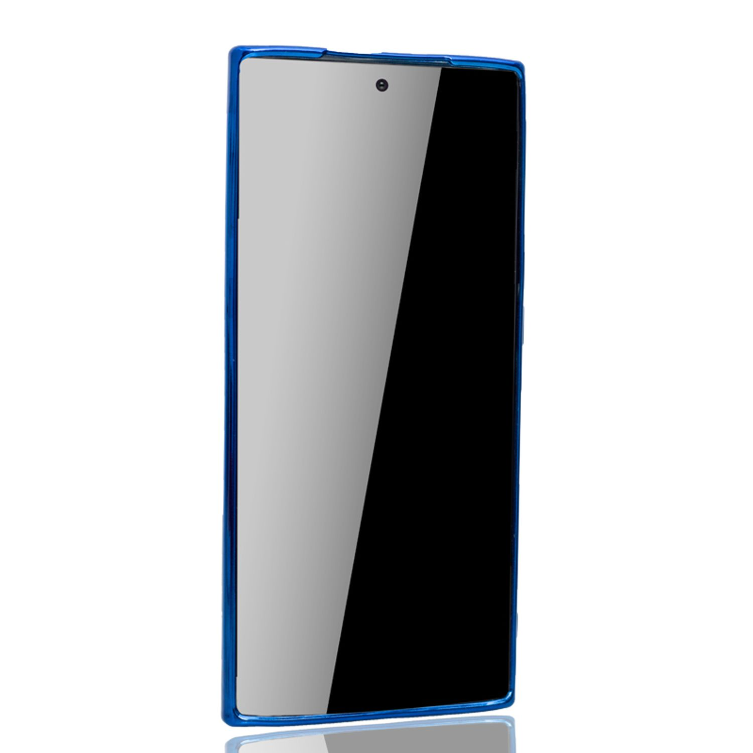 Ein Mobiltelefon mit Bildschirm wird angezeigt. Das Telefon hat einen blauen Rahmen, Kamera, weißer Hintergrund.