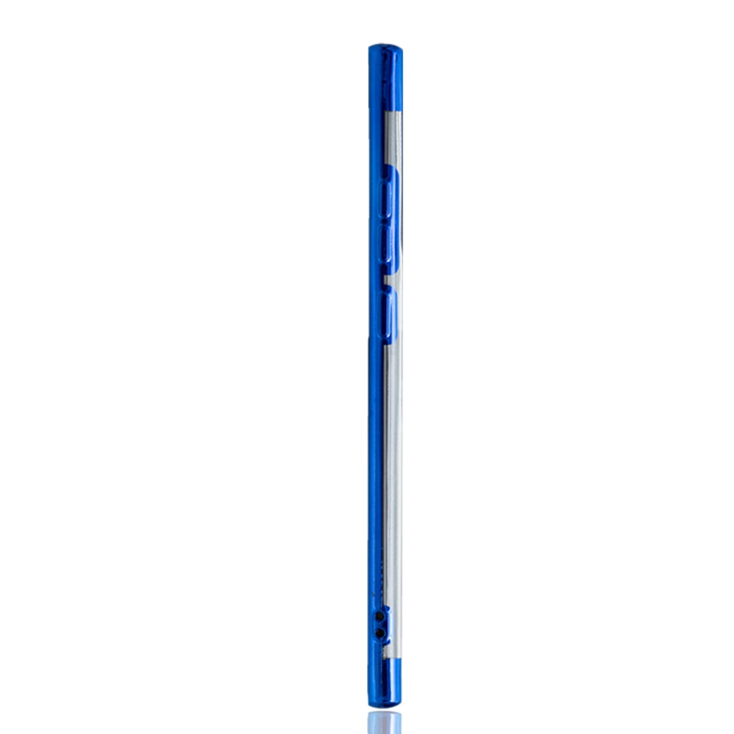 Seitenansicht eines Telefons, blauer Rahmen, klare Rückseite. Knöpfe an der Seite.