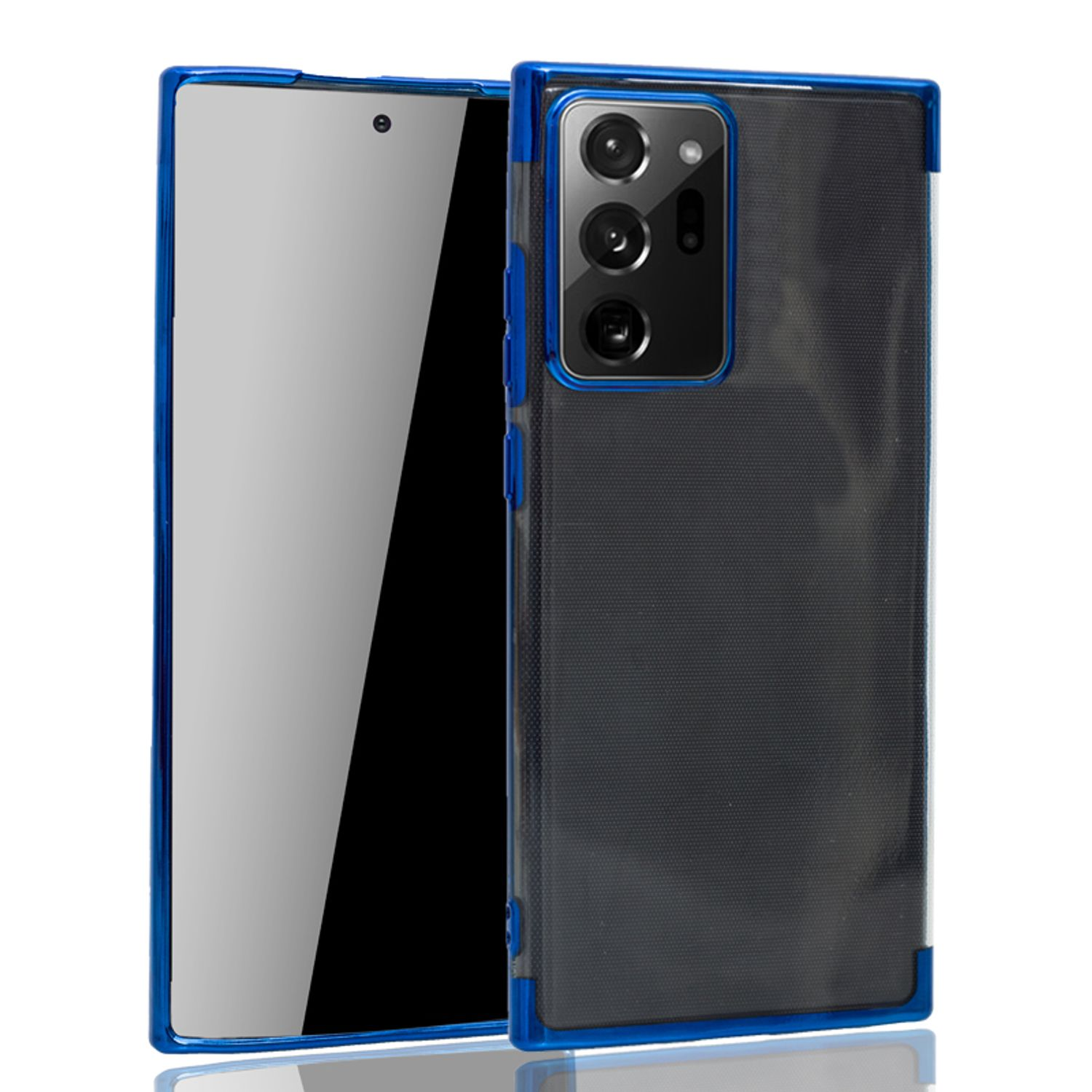Zwei Telefone in blau gerahmten Hüllen, eines mit Bildschirm, das andere mit Kameramodul.