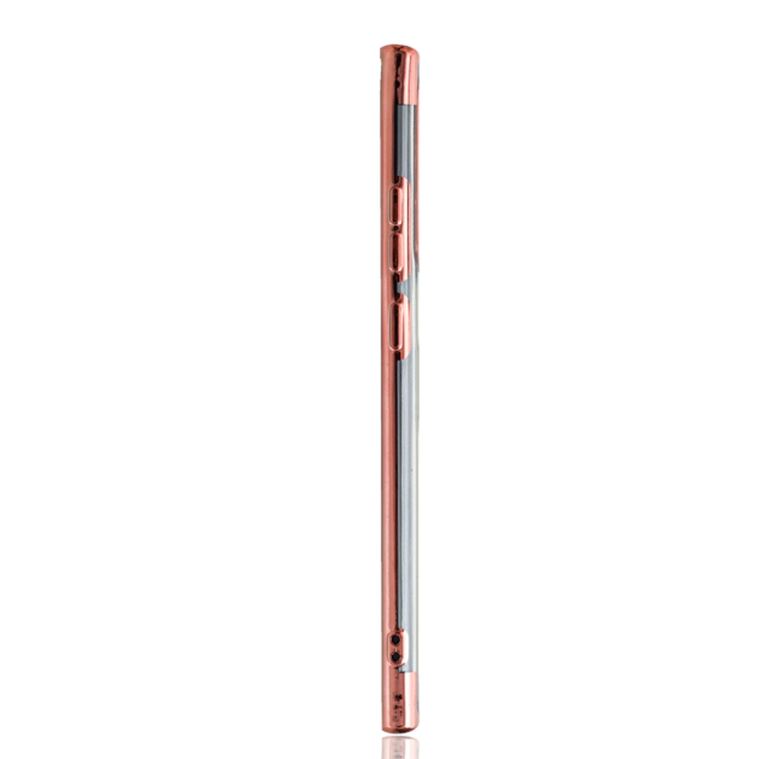 Rosegoldfarbene Handyhülle, Seitenansicht. Knöpfe auf der rechten Seite. Weißer Hintergrund.