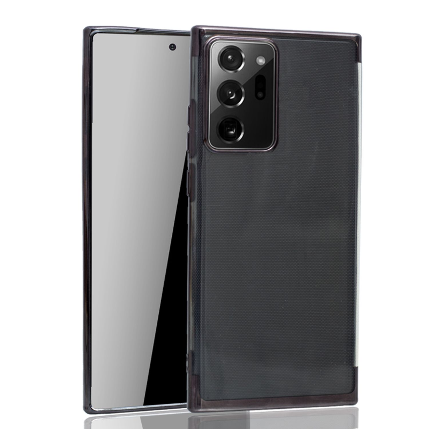 Ein Telefon mit einer durchsichtigen Hülle. Das Telefon ist schwarz und hat drei Kameras auf der Rückseite.
