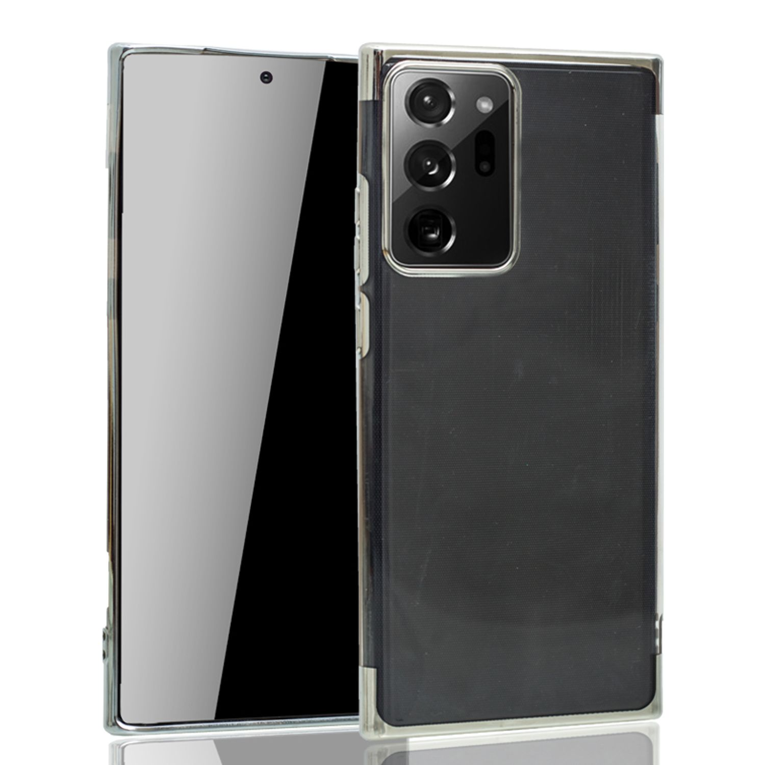 Ein Telefon mit Schutzhülle. Das Telefon ist schwarz, mit einem Kamerasystem. Die Hülle ist transparent.