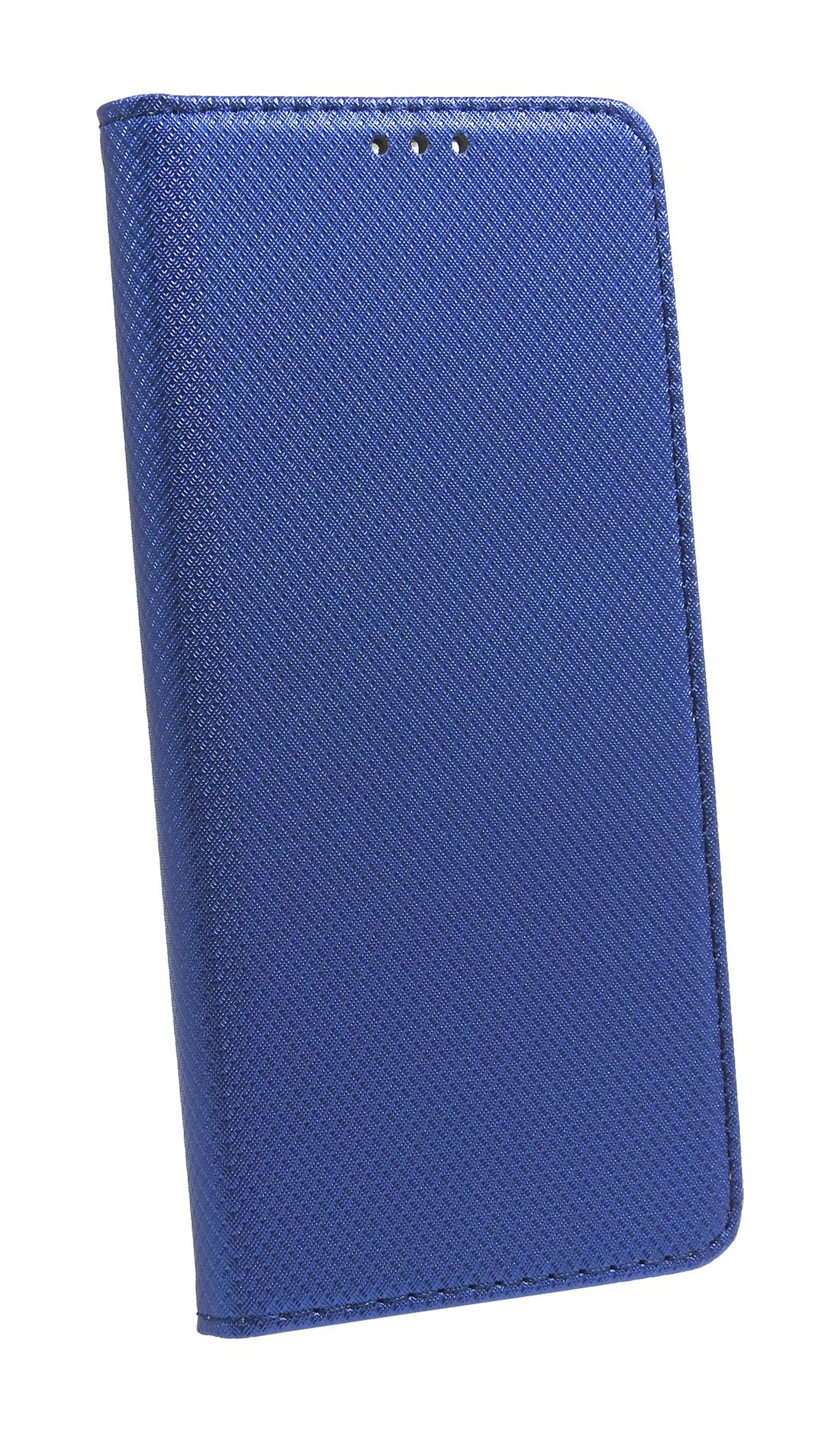 Blaue Handyhülle mit strukturiertem Design. Weißer Hintergrund.