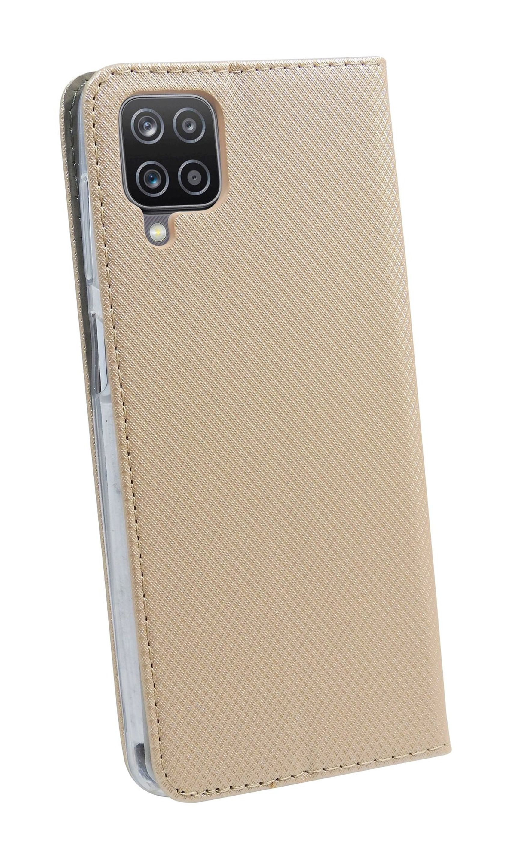 Eine beige Handyhülle. Sie ist geschlossen. Die Rückseite hat Kameras.
