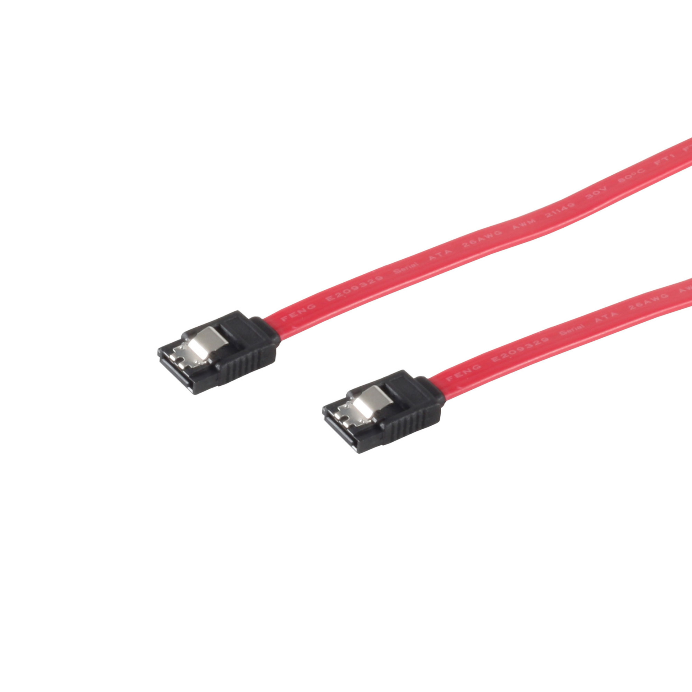 Czerwony kabel danych SATA ze złączami. Białe tło.