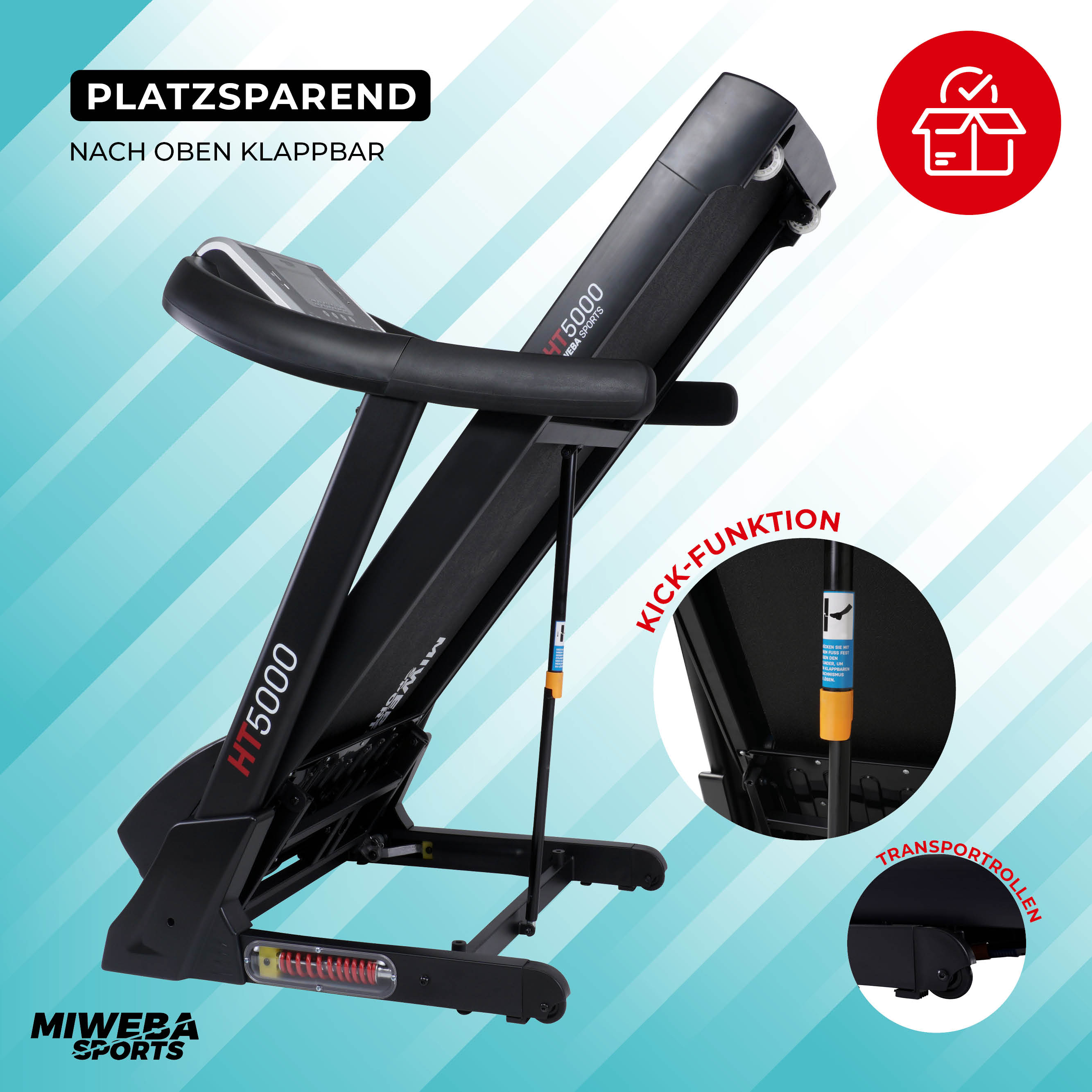 Schwarzes und rotes Laufband mit Text und Box-Symbol, nach oben klappbar.