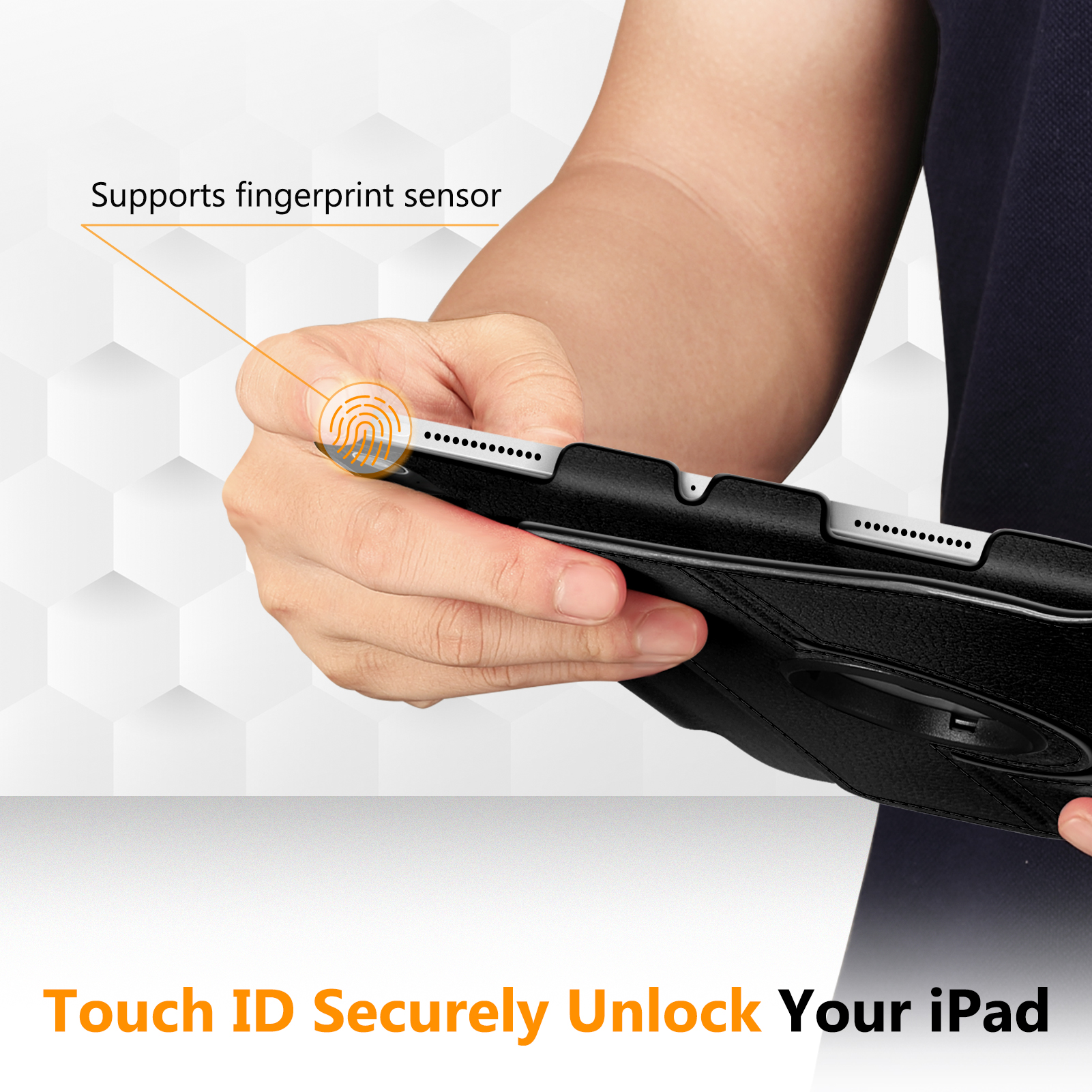 Eine Hand hält ein schwarzes Tablet mit Fingerabdrucksensor, mit Text über Touch ID.