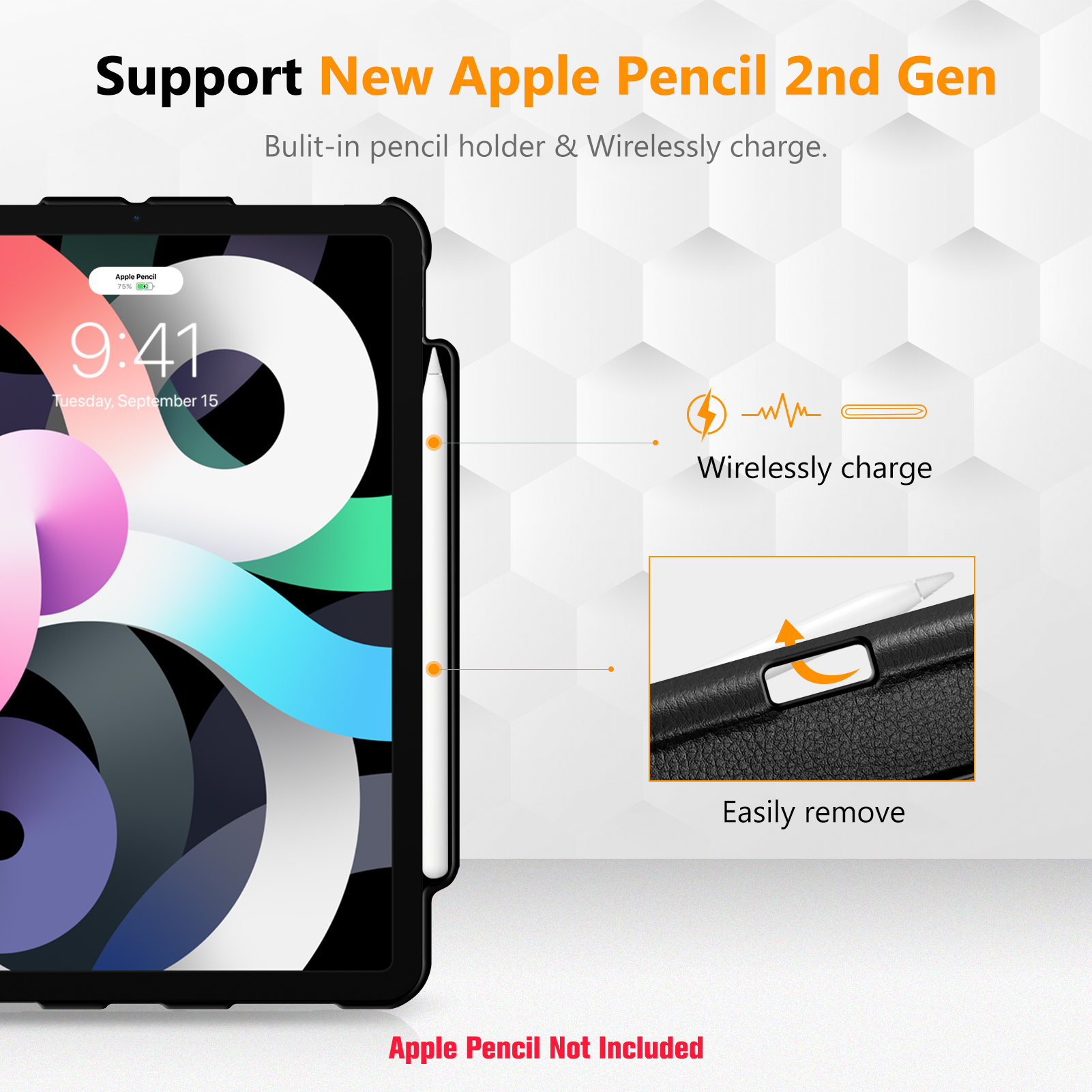 Tablet mit schwarzem Gehäuse, hat einen Apple Pencil. Das Tablet wird kabellos geladen.