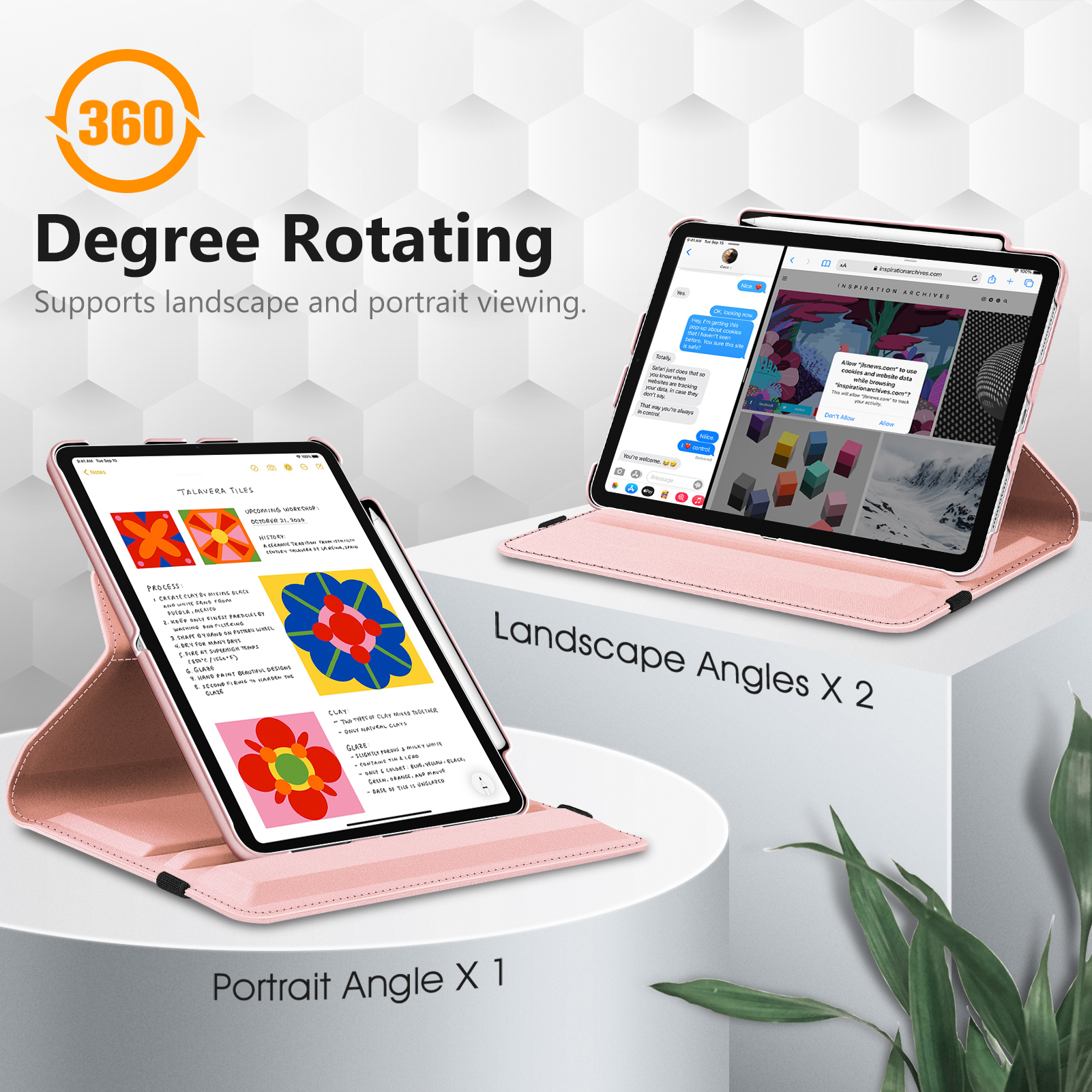 Zwei rosa iPad-Hüllen mit iPads, eines geöffnet, auf weißem Hintergrund mit Text.