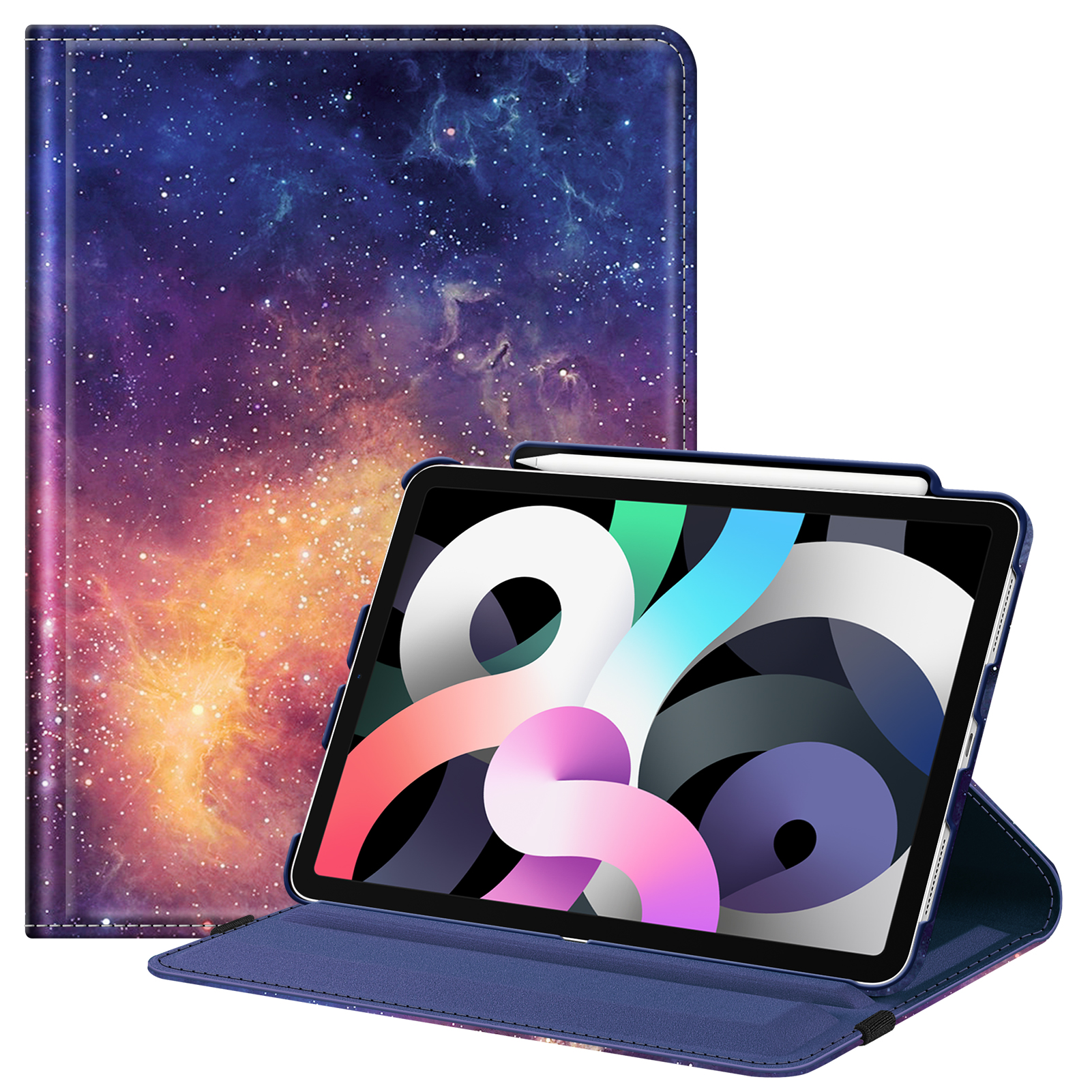 Tablethülle mit Galaxymuster. Es hat ein Tablet und einen Stift darin.
