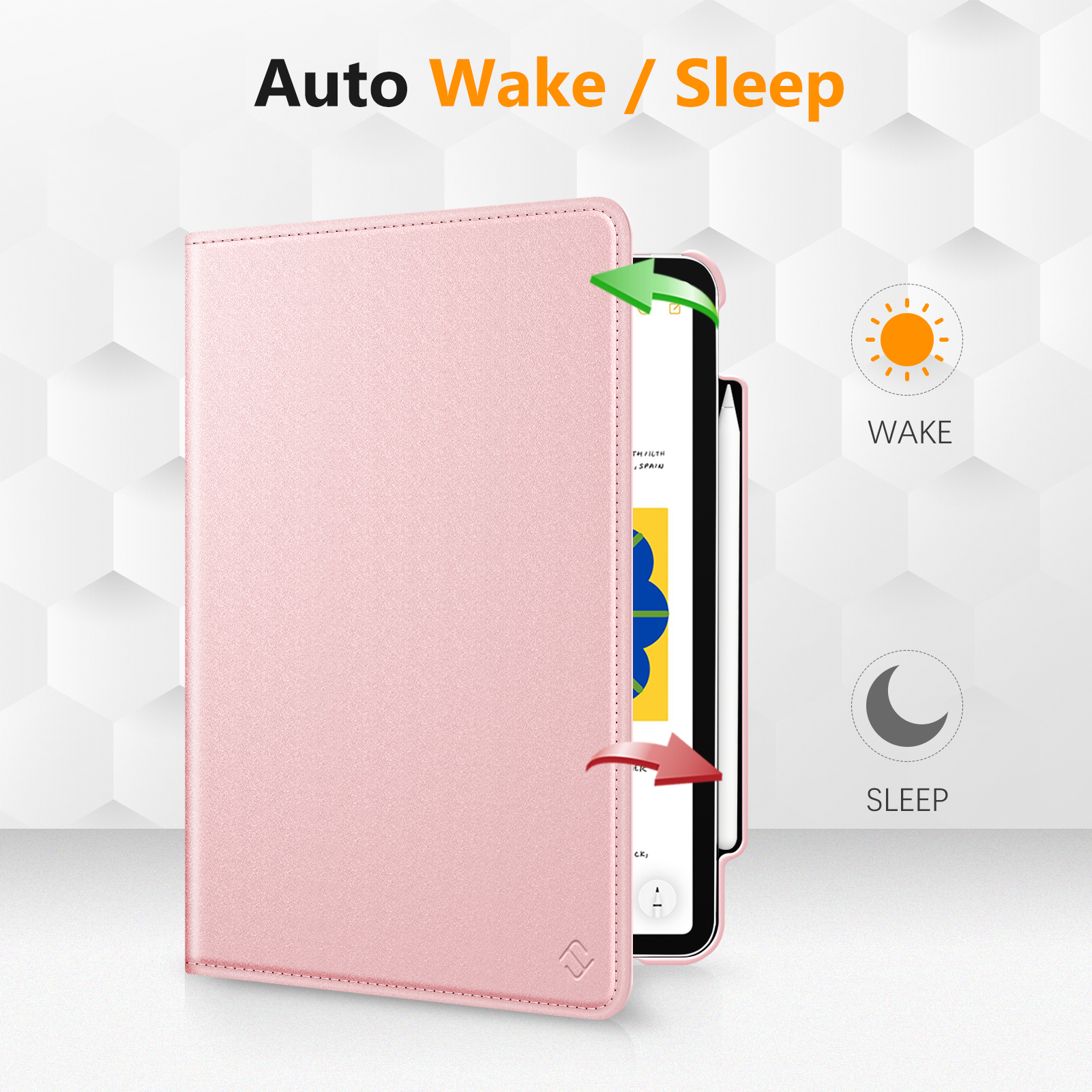 Rosa Tablet-Hülle mit einem Tablet darin. Pfeile zeigen die Auto-Wake/Sleep-Funktion an.
