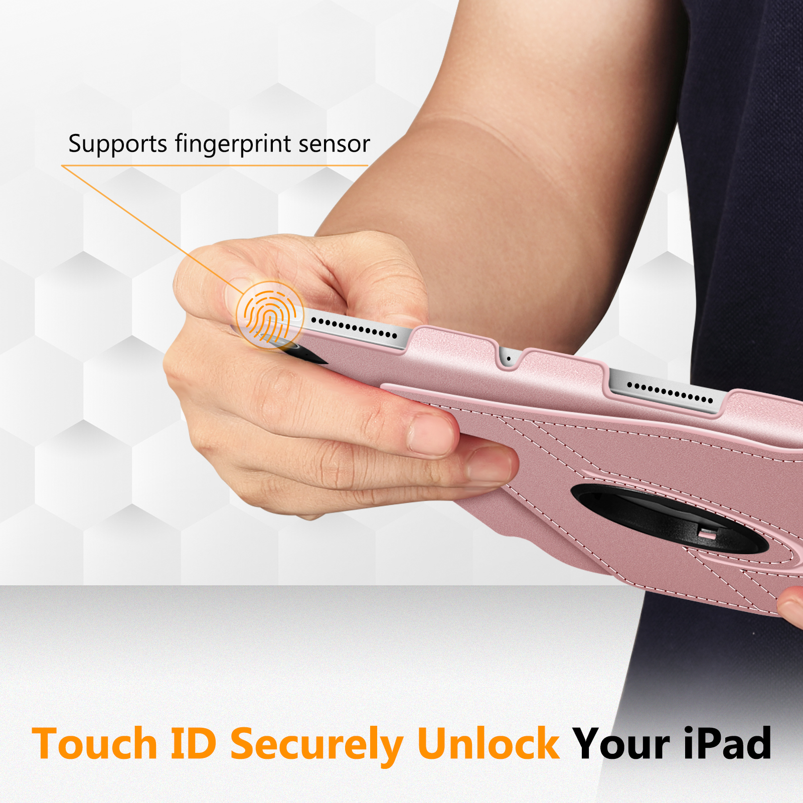 Frau hält rosa iPad-Hülle. Text: Touch ID entsperrt Ihr iPad sicher.