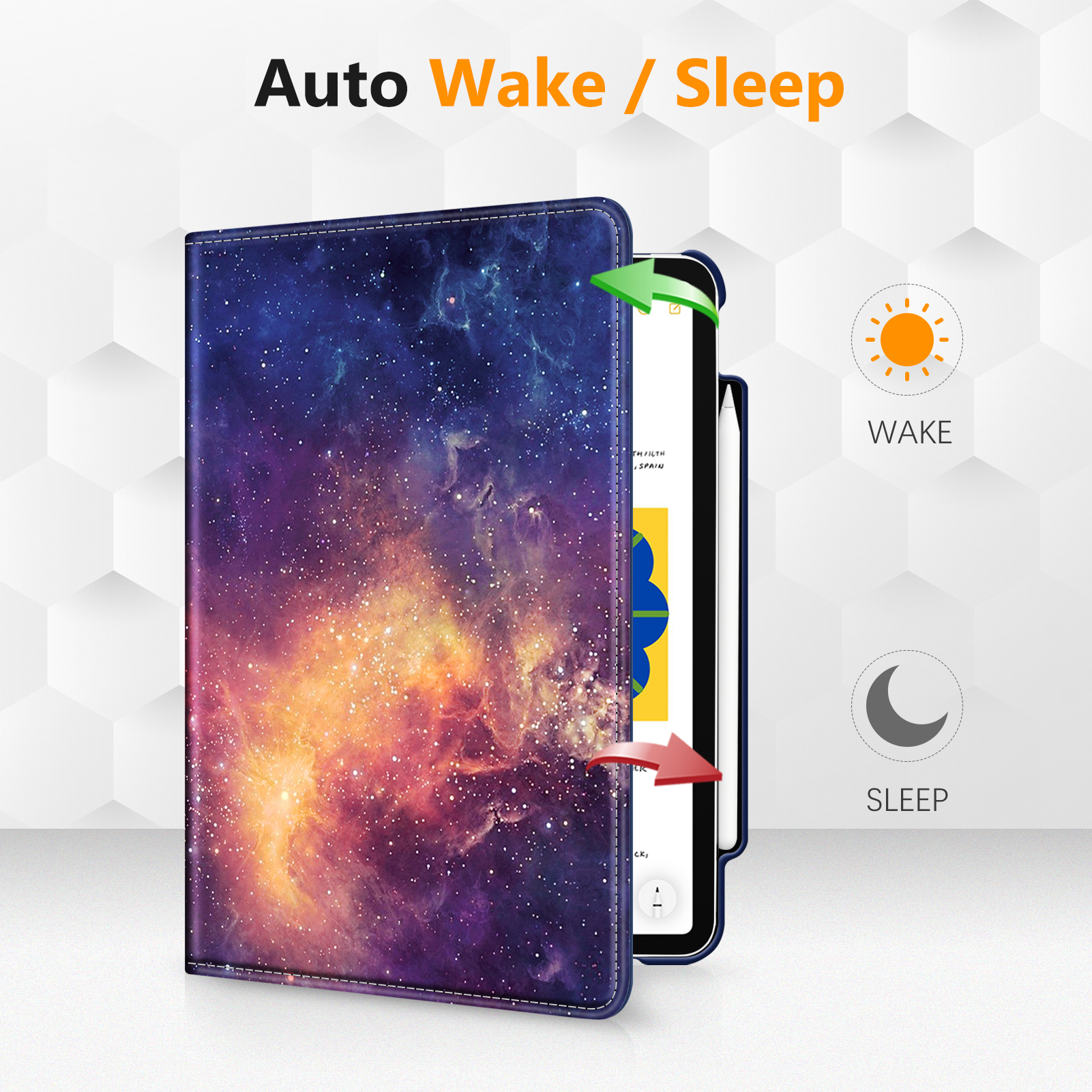 Ein Tablet mit einem Galaxy-Design-Case, mit Aufwach- und Schlaf-Symbolen.