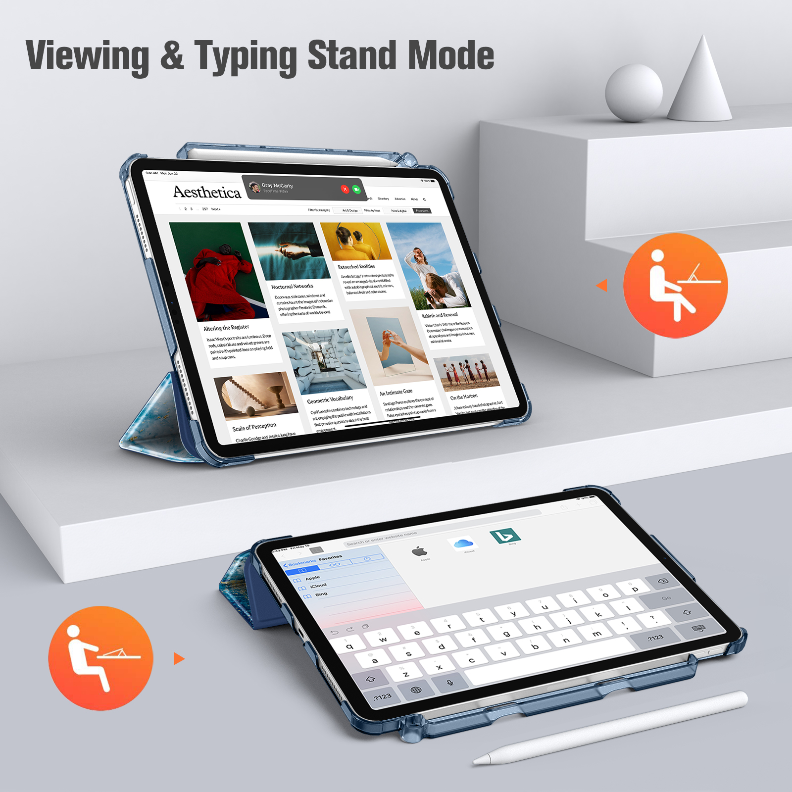 Ein Tablet in einer blauen Hülle im Tipp- und Anzeigemodus. Die Hintergründe sind weiß und orange.