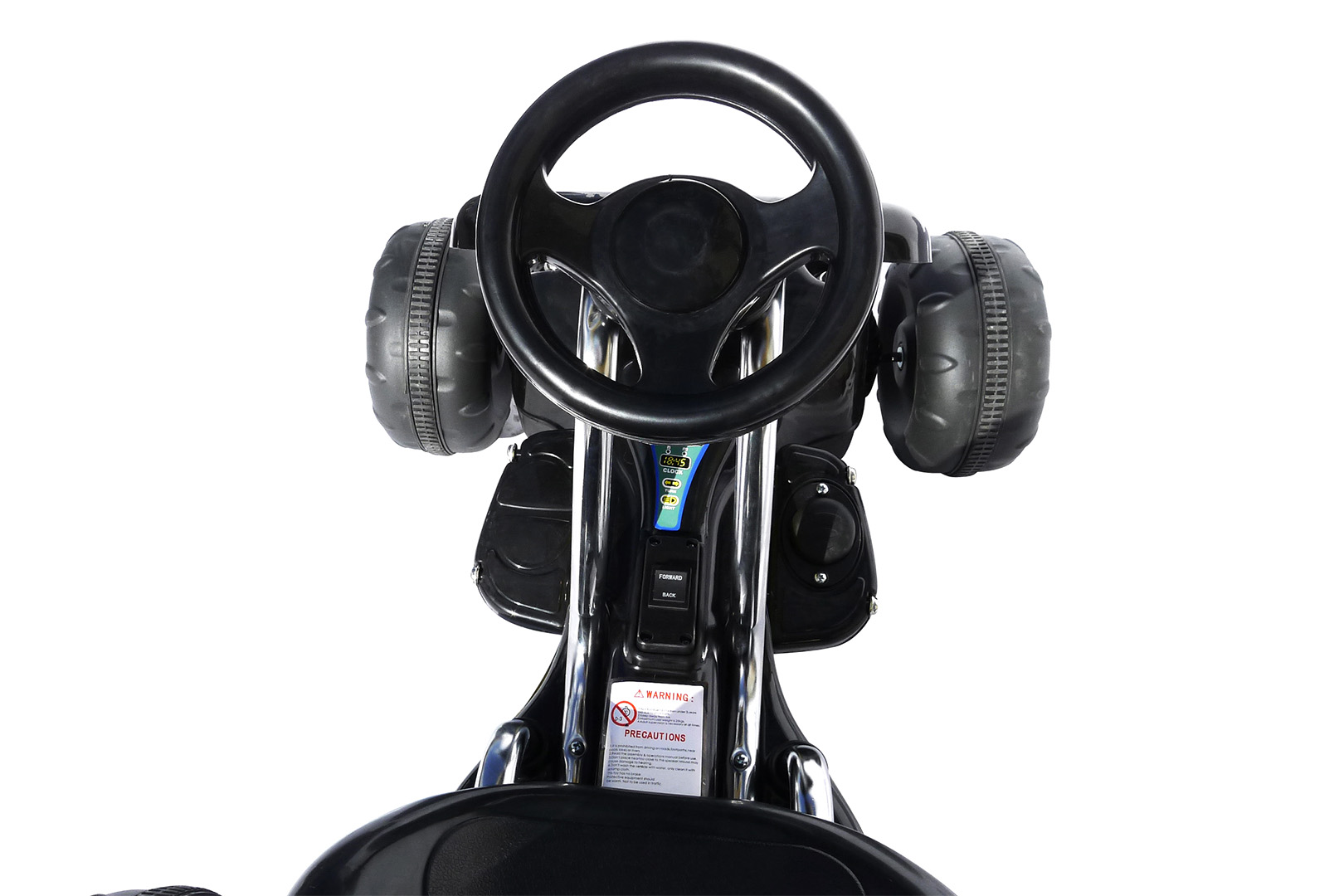 Schwarzes Spielzeugauto-Lenkrad und -Sitz, von oben gesehen. Weißer Hintergrund.