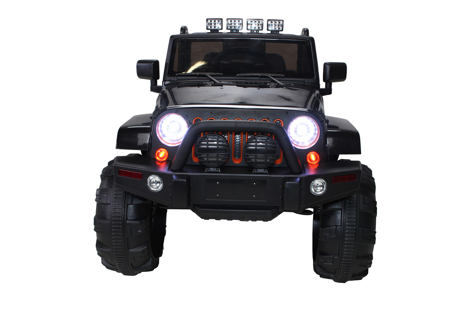 Ein schwarzer Spielzeug-Jeep mit Lichtern auf weißem Hintergrund.