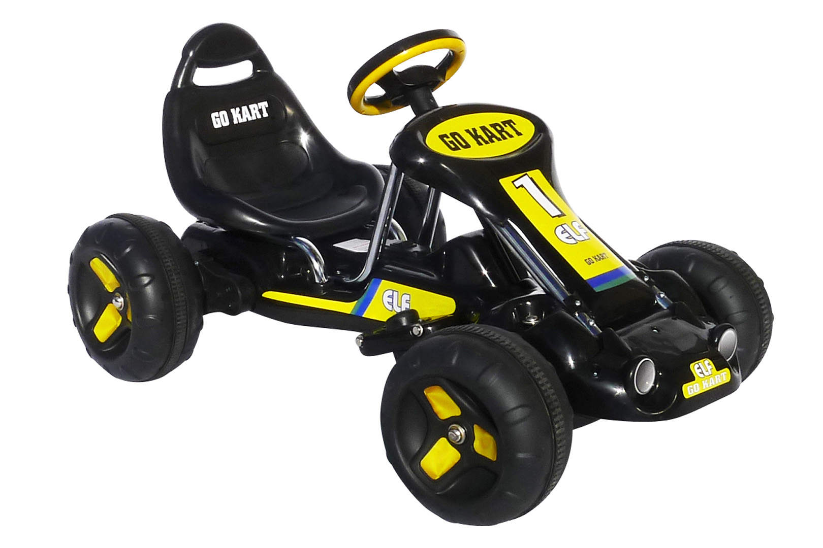 Schwarzes und gelbes Go-Kart. Das Go-Kart hat einen Sitz, ein Lenkrad und die Rennnummer 1.