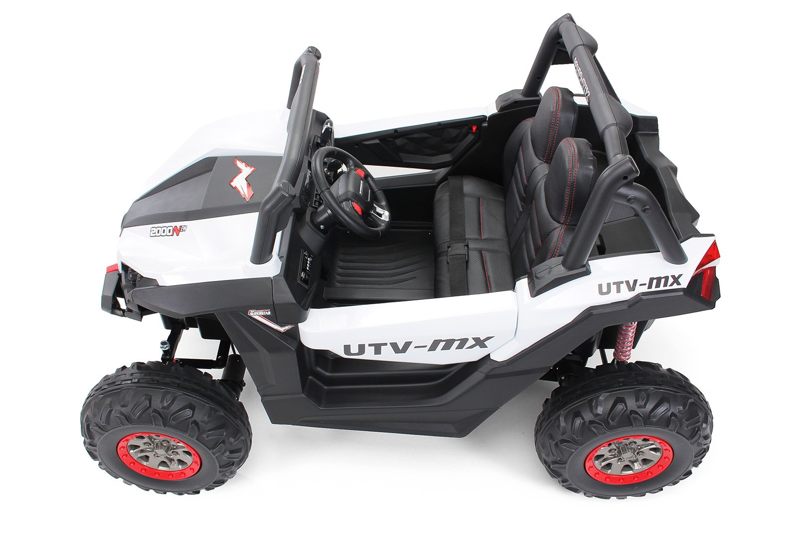 Weißes UTV-MX-Spielzeugauto mit roten Akzenten, von oben vor weißem Hintergrund.