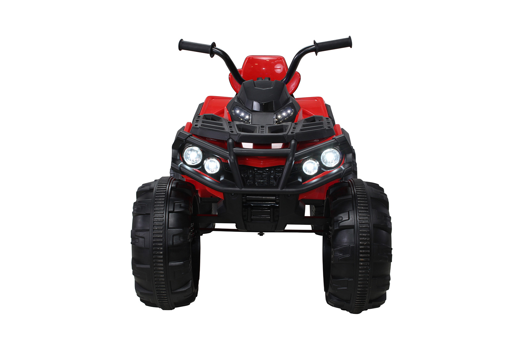 Rotes ATV-Spielzeug. Vorderansicht, weißer Hintergrund, Scheinwerfer an.
