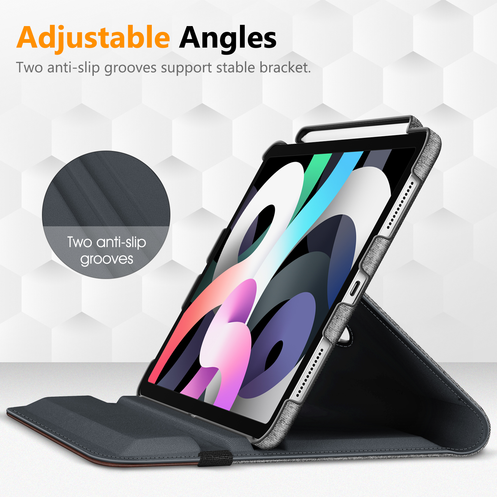 Tablet in einer Hülle mit verstellbarem Winkel. Graue Hülle, schwarzes Tablet. Text: "Verstellbare Winkel".