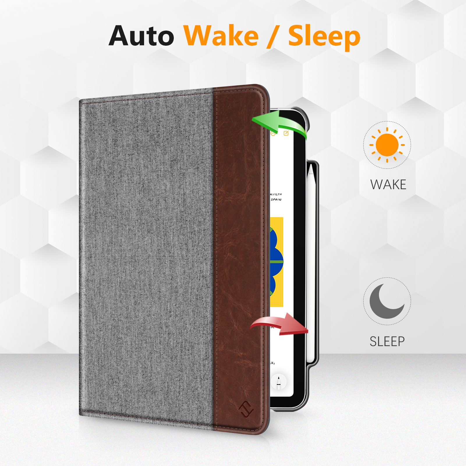 Eine graue Tablet-Hülle mit braunem Cover. Pfeile zeigen die Auto-Wake/Sleep-Funktion an.