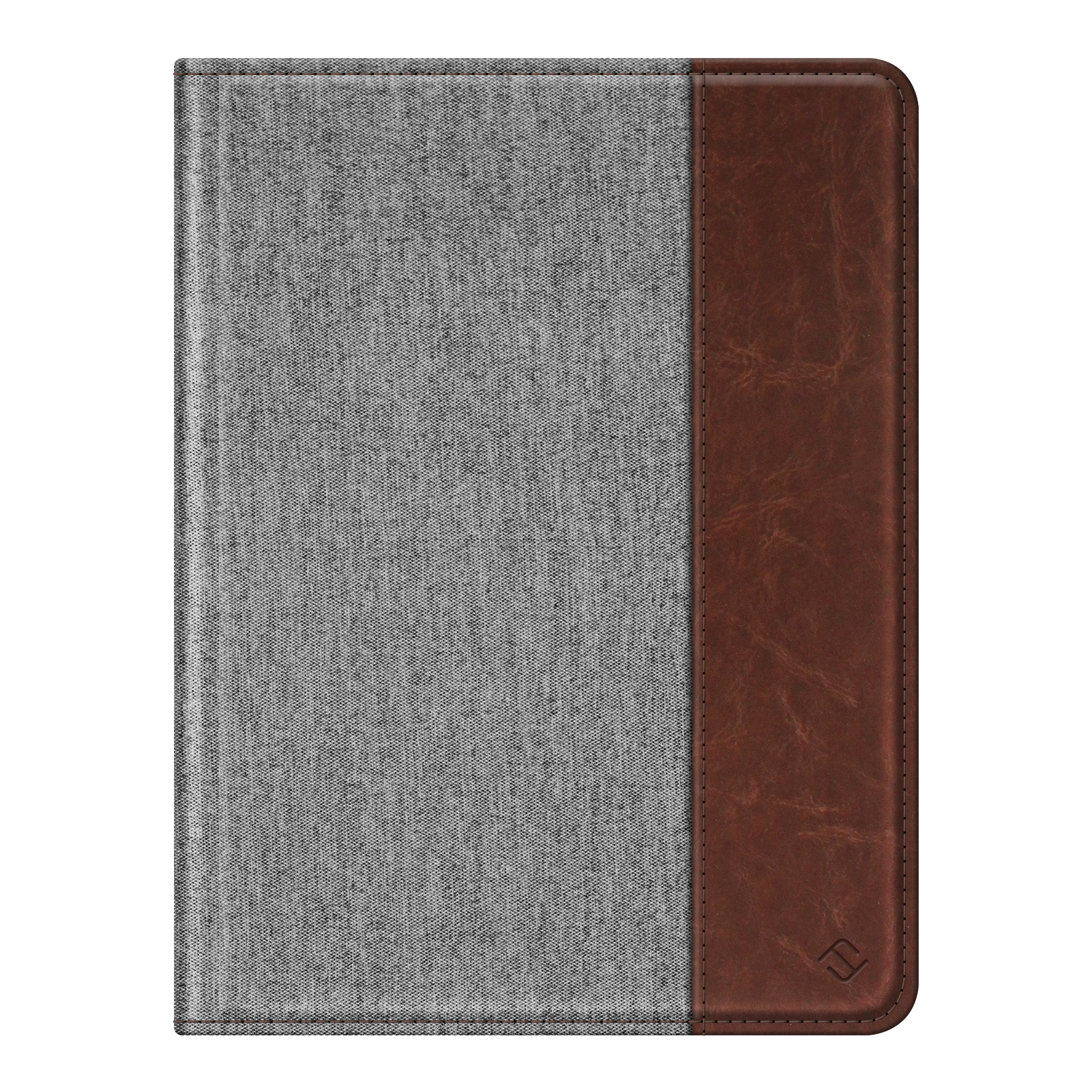 Graue und braune Tablet-Hülle. Die Hülle hat graues Gewebe und einen braunen Lederteil.