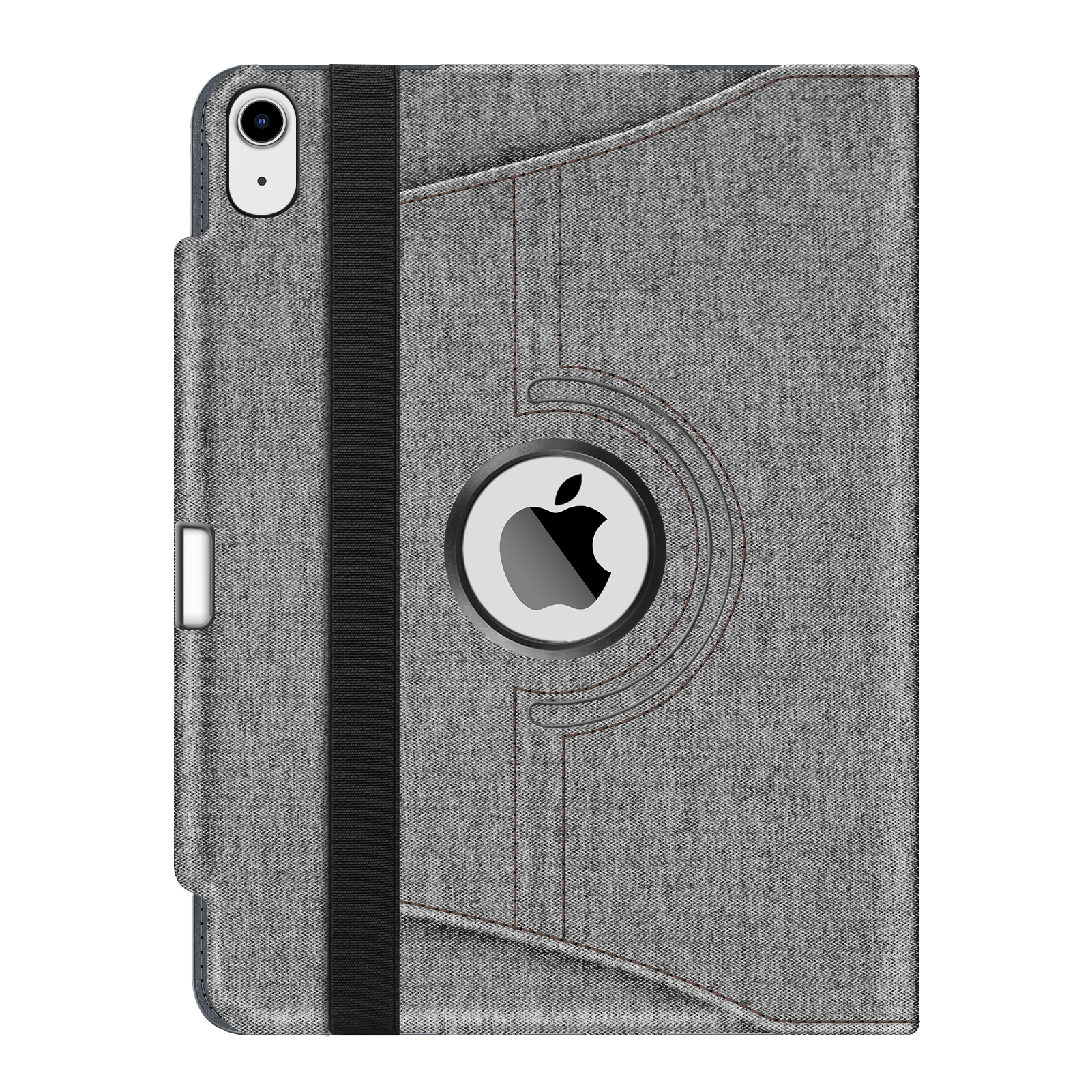 Graue Tablethülle mit schwarzem Riemen und Apple-Logo.