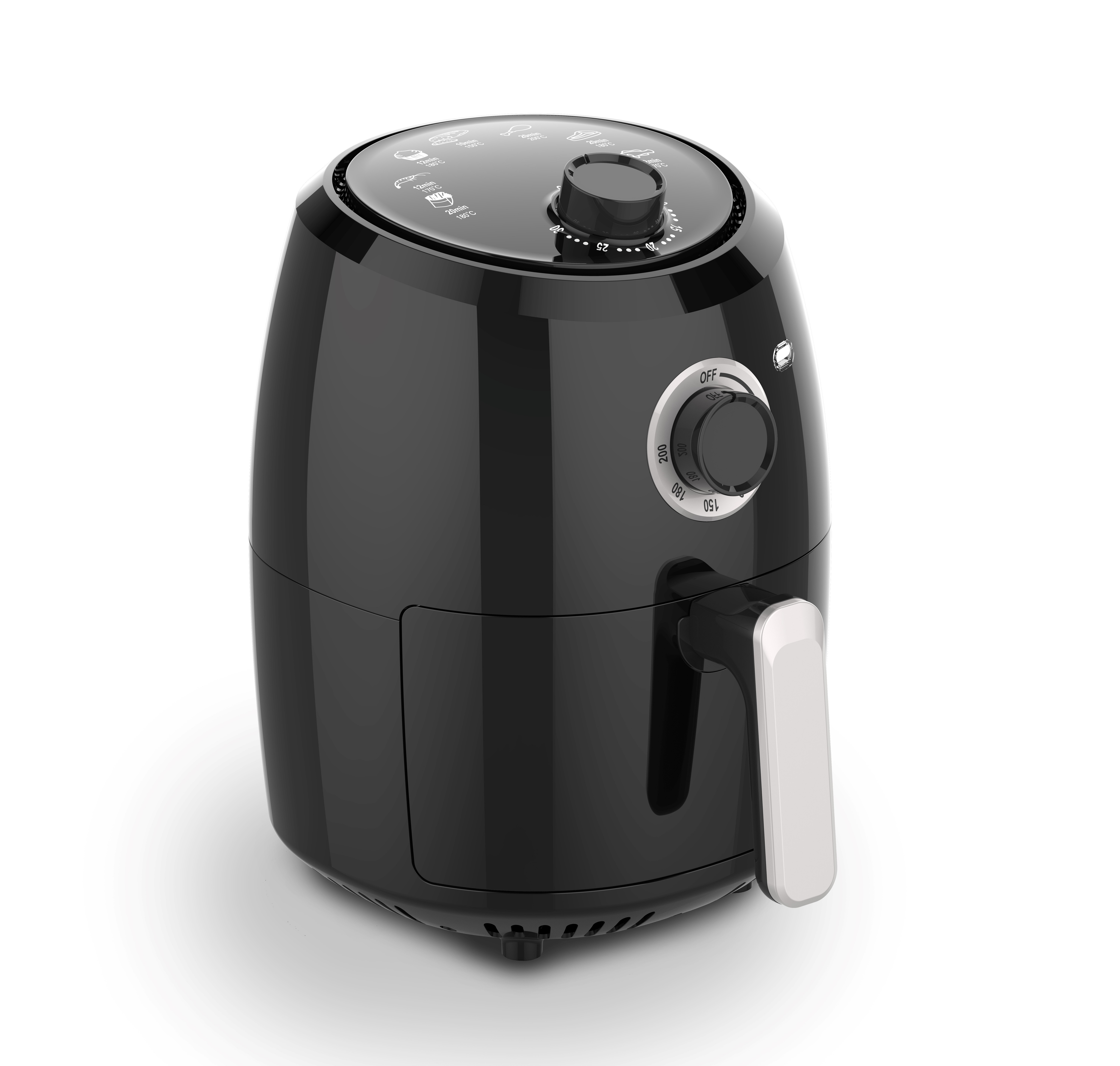 Een zwarte airfryer met een handvat en een draaiknop om de temperatuur in te stellen. Het staat op een wit oppervlak.