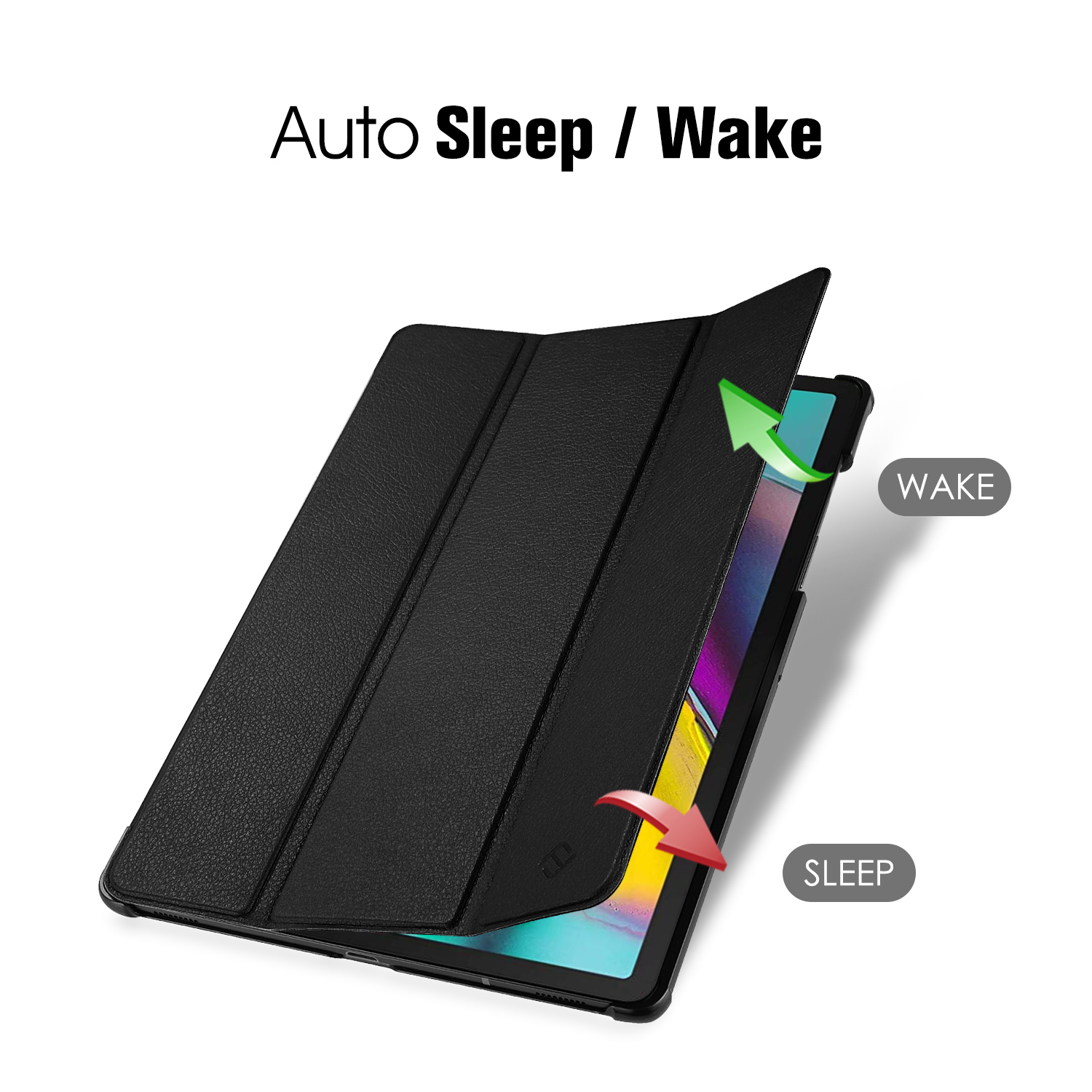 Schwarze Tablet-Hülle, geöffnet, mit Tablet. Pfeile zeigen 'SLEEP' und 'WAKE'. Weißer Hintergrund.