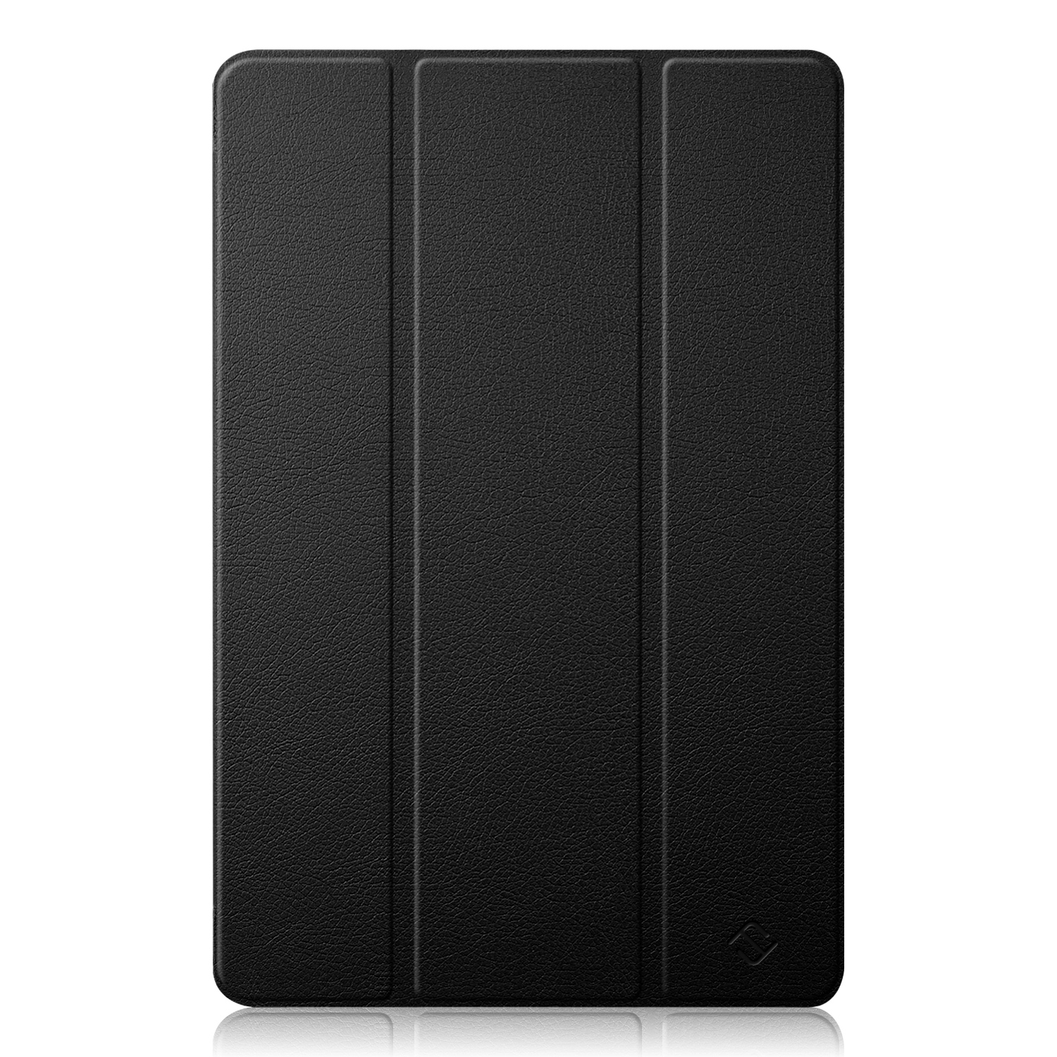 Schwarze Tablethülle mit strukturierter Oberfläche, geschlossen auf weißem Hintergrund.