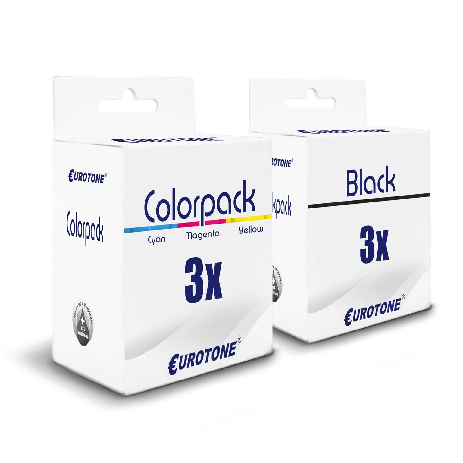 Zwei weiße Eurotone Colorpack Tintenpatronen-Boxen. Cyan, Magenta, Gelb Farben. Schwarze 3X Tintenbox daneben.