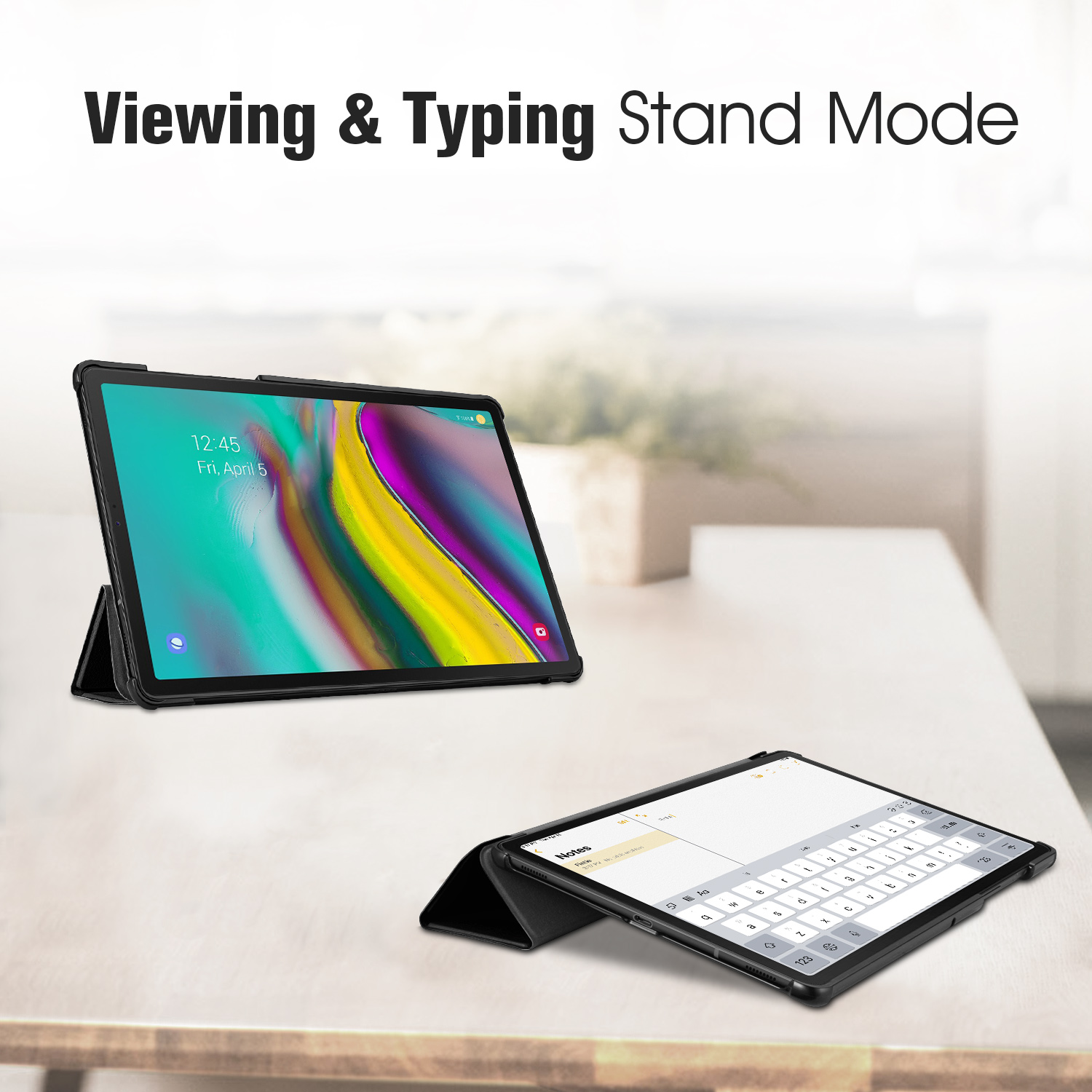 Tablet im Standmodus, mit Tastatur. Ein weiteres Tablet mit farbenfrohem Hintergrund.