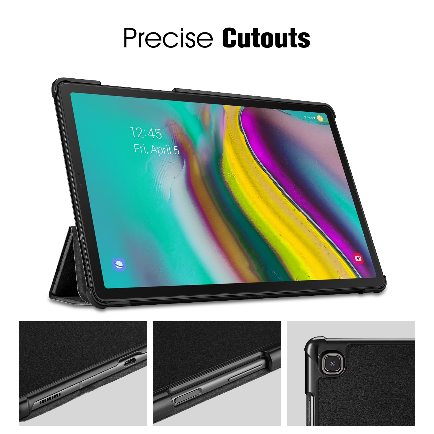 Tablet in schwarzem Gehäuse, mit Text und Detailaufnahmen der Gehäusemerkmale.