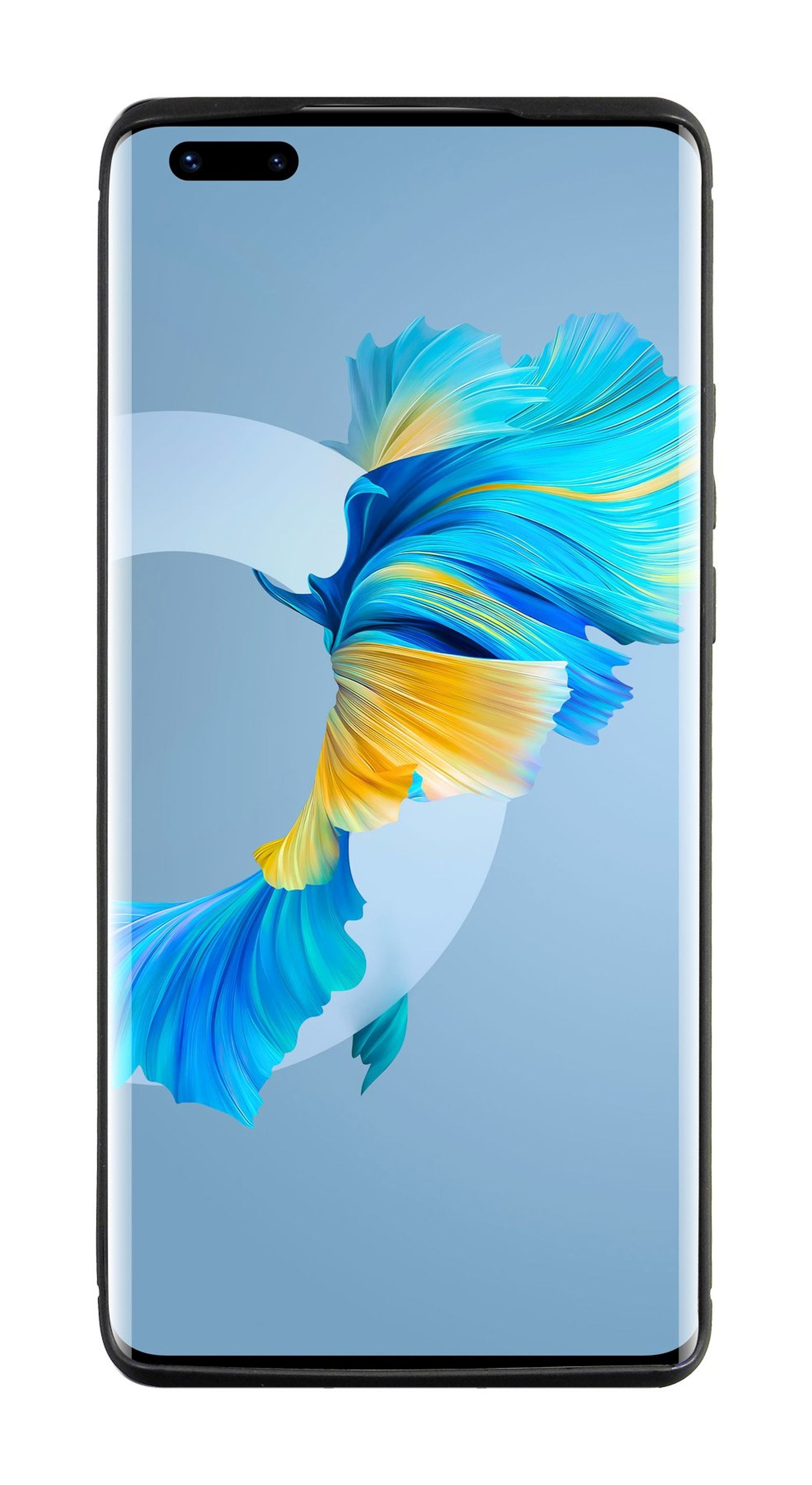 Smartphone, das ein digitales Kunstbild mit blau-gelben fließenden Formen anzeigt.