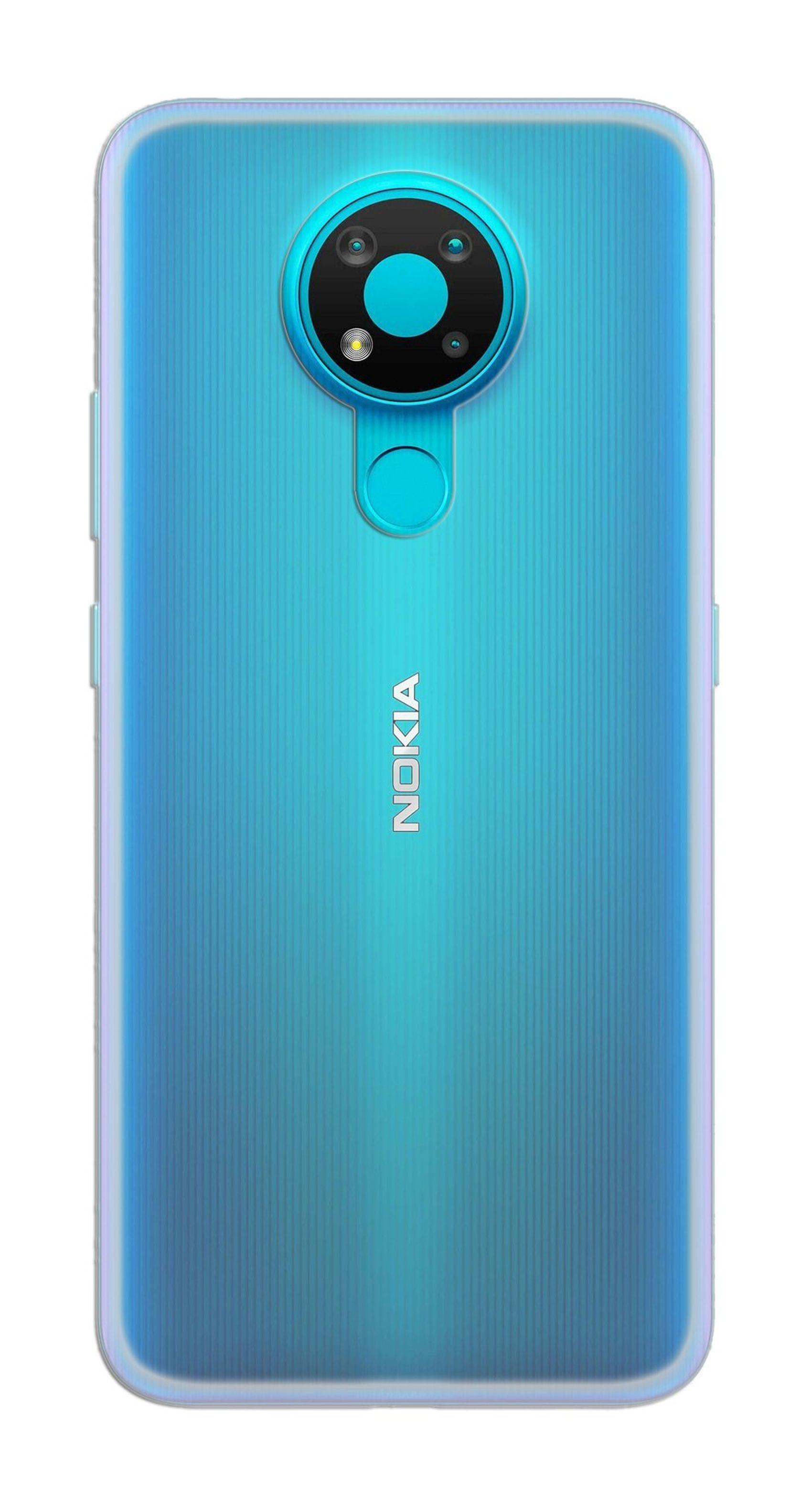 Die Rückseite eines blauen Nokia-Telefons mit einer transparenten Hülle, die die Kamera und die Marke zeigt.