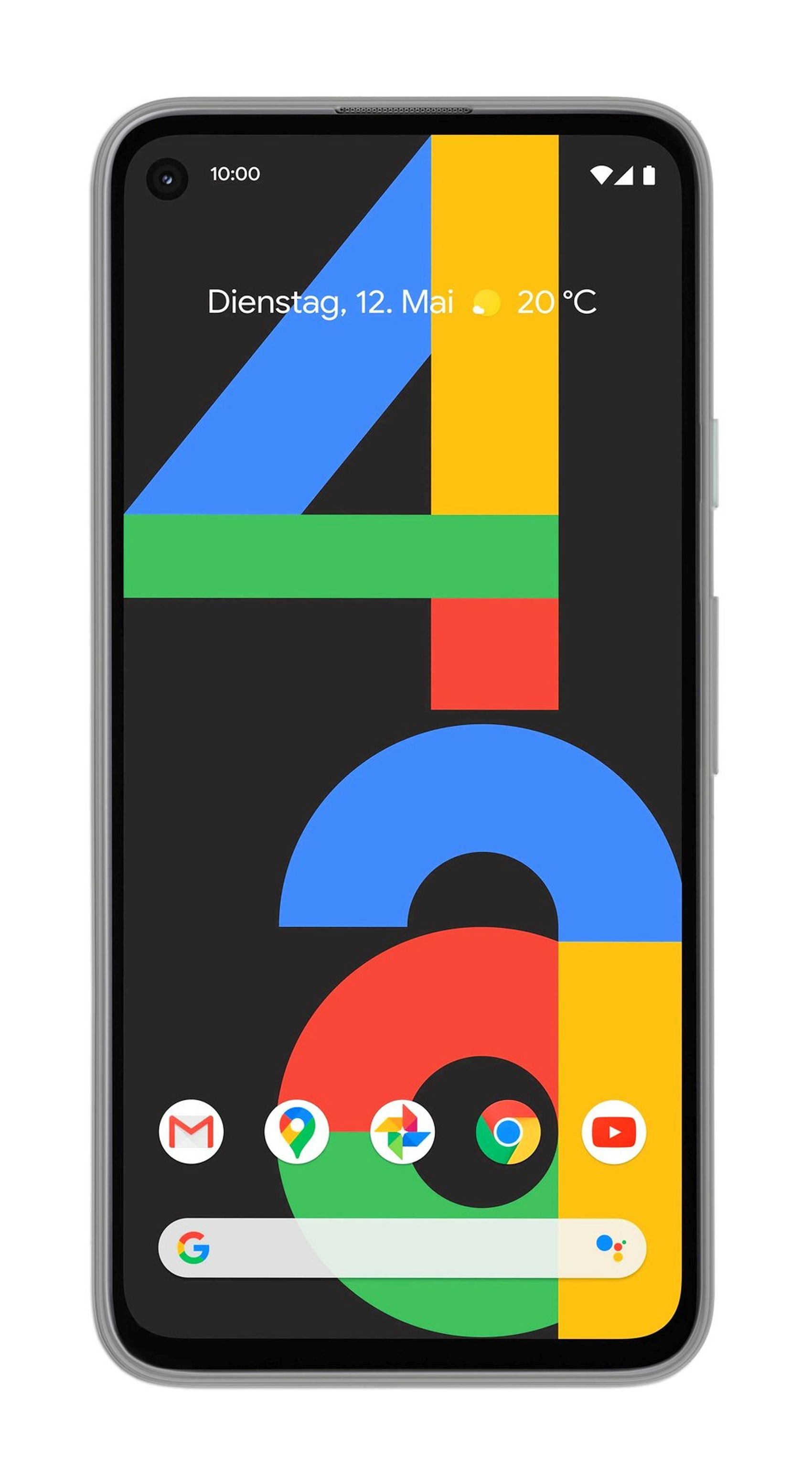 Google-Handy mit farbenfrohem Logo auf dem Bildschirm. Zeit und Datum werden angezeigt. Anwendungssymbole unten.