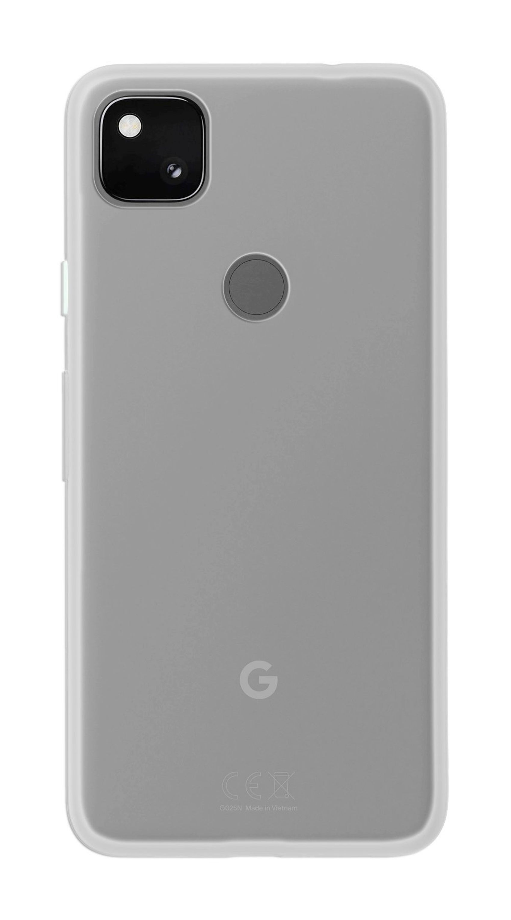 Eine graue Telefonrückseite. Es hat eine Kamera, einen Blitz und ein Google-Logo.