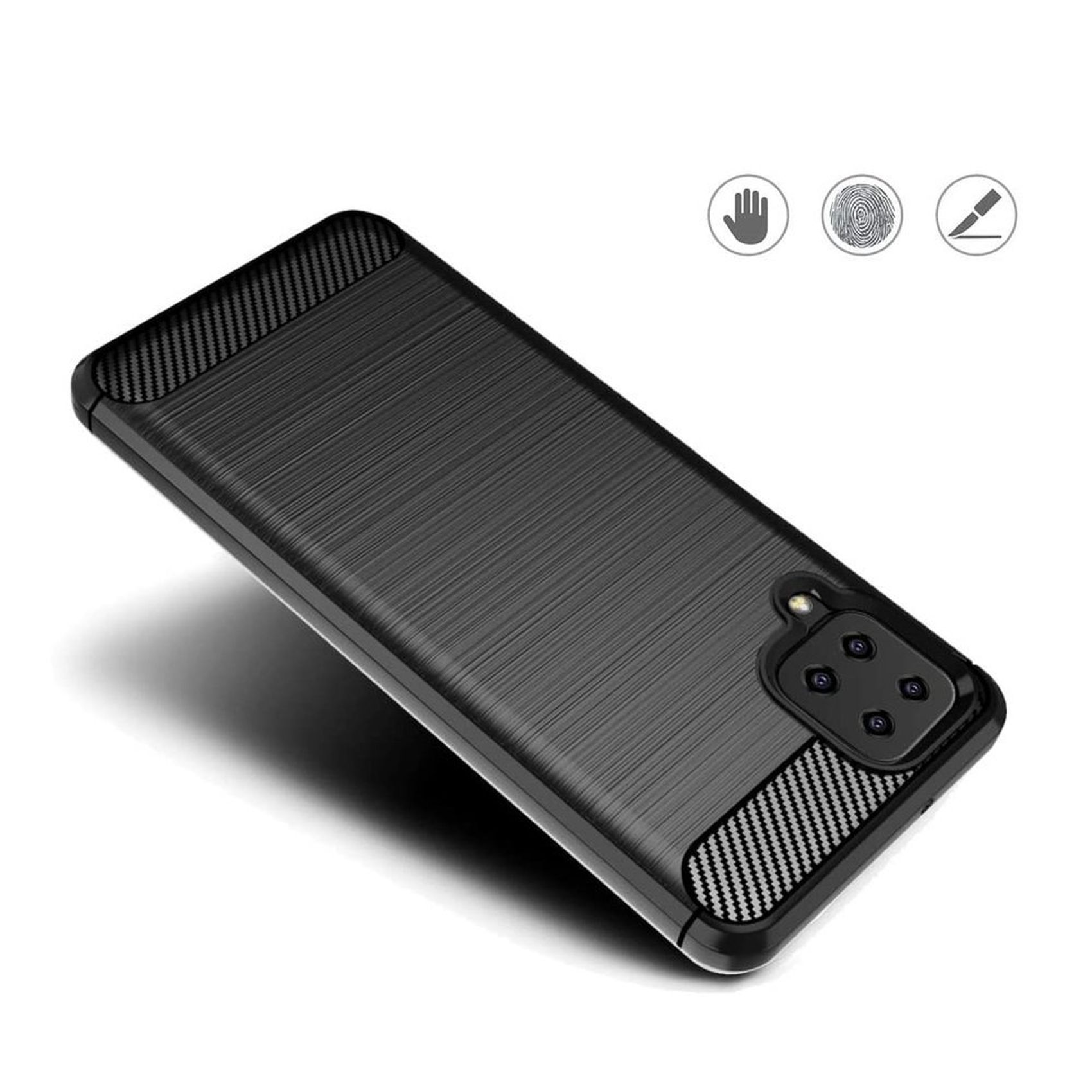 Schwarze Handyhülle mit strukturierter Rückseite. Oberseite mit Karbonfaser-Design.