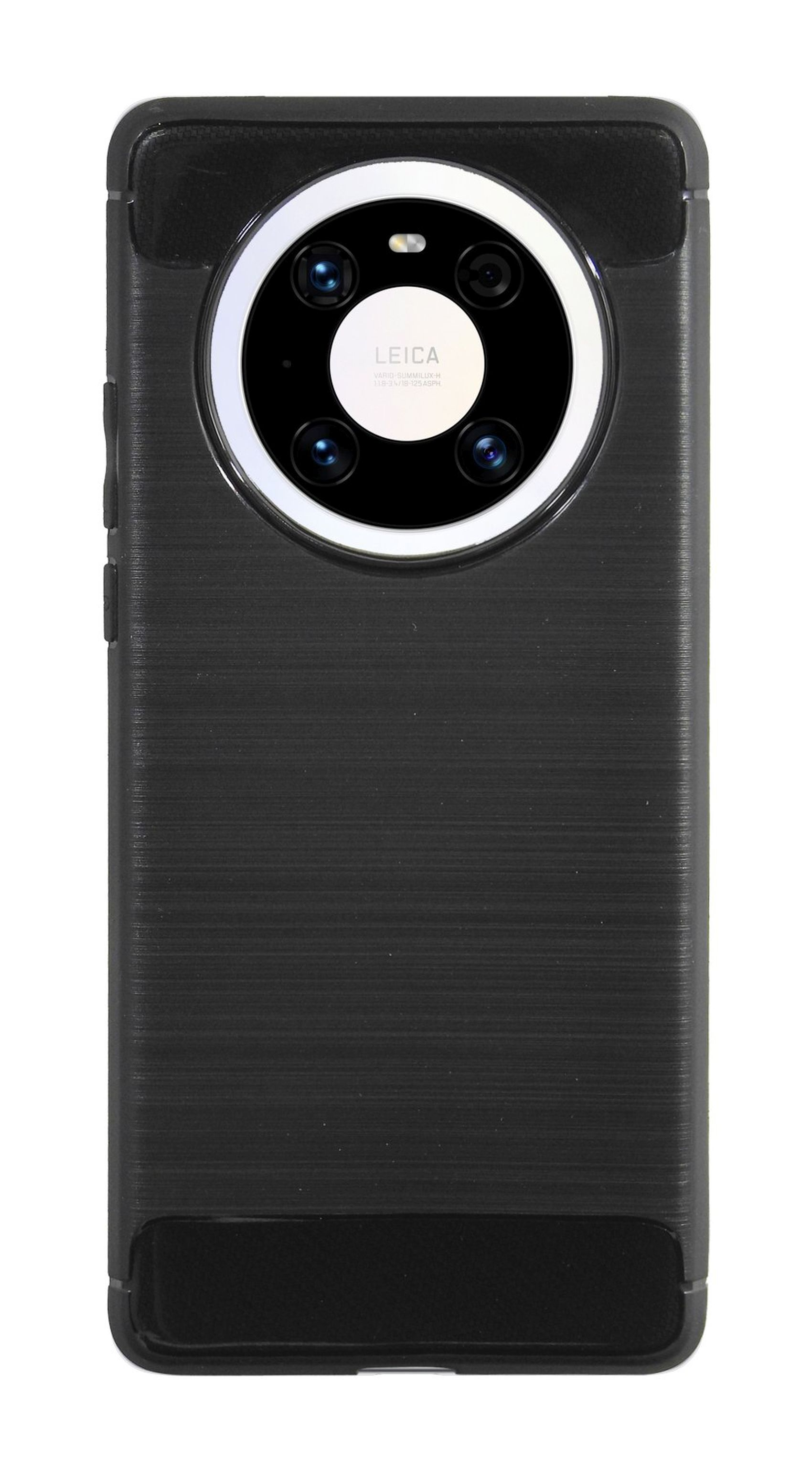 Schwarze Handyhülle mit Dreifach-Kamera und Leica-Markenzeichen auf der Rückseite.