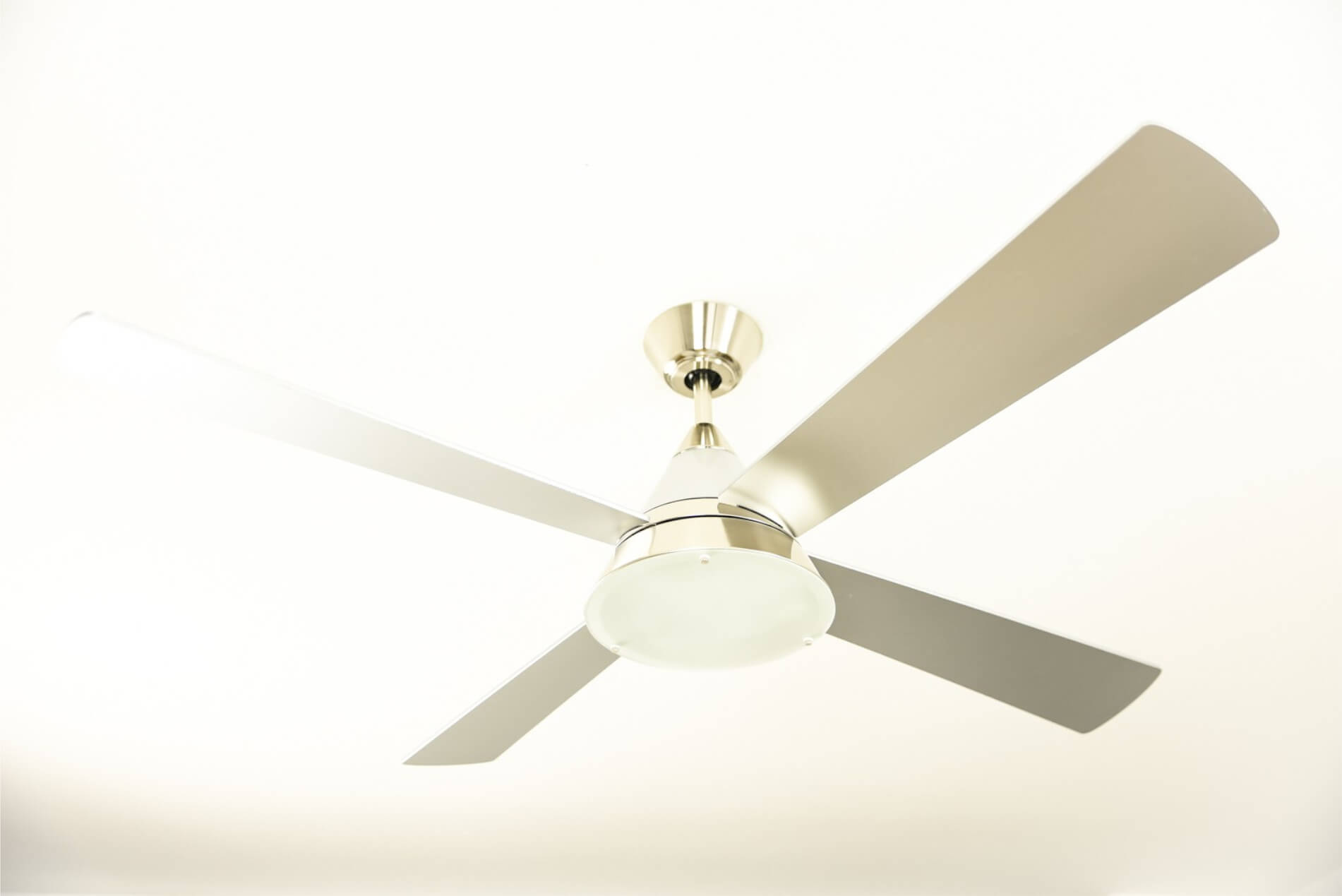Ventilatore da soffitto con quattro pale argentate e un'apparecchiatura di illuminazione in vetro, montato su un soffitto bianco.