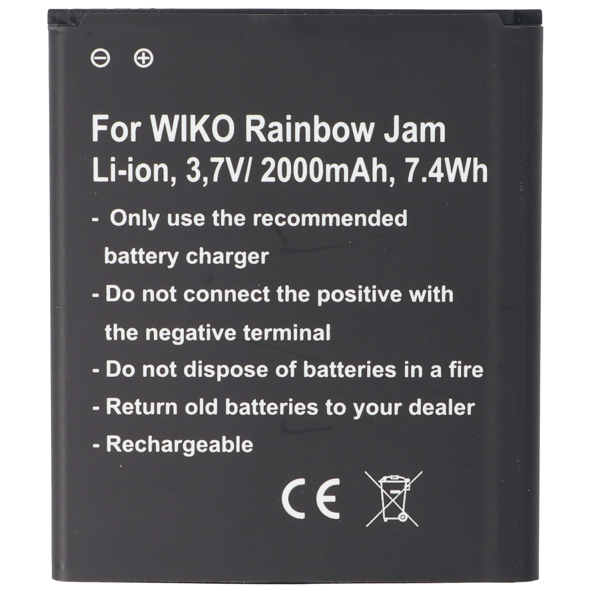 Schwarze Batterie mit weißem Text, einschließlich Warnungen und Anweisungen, auf weißem Hintergrund.