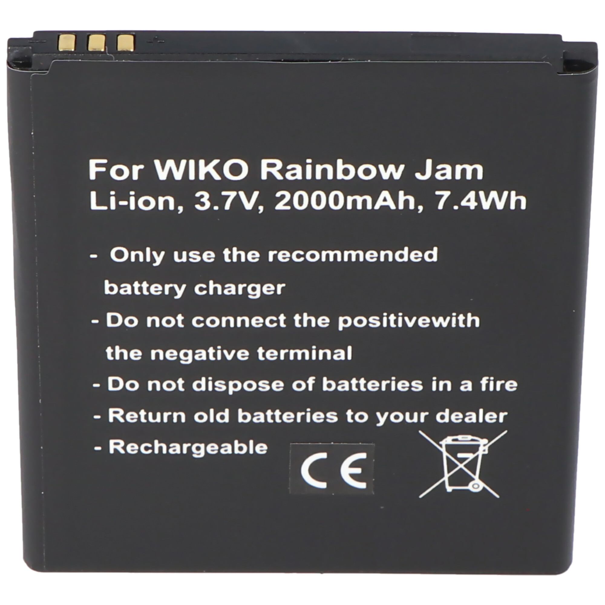 Batterieetikett mit Text, Warnungen und einem Recycling-Symbol.