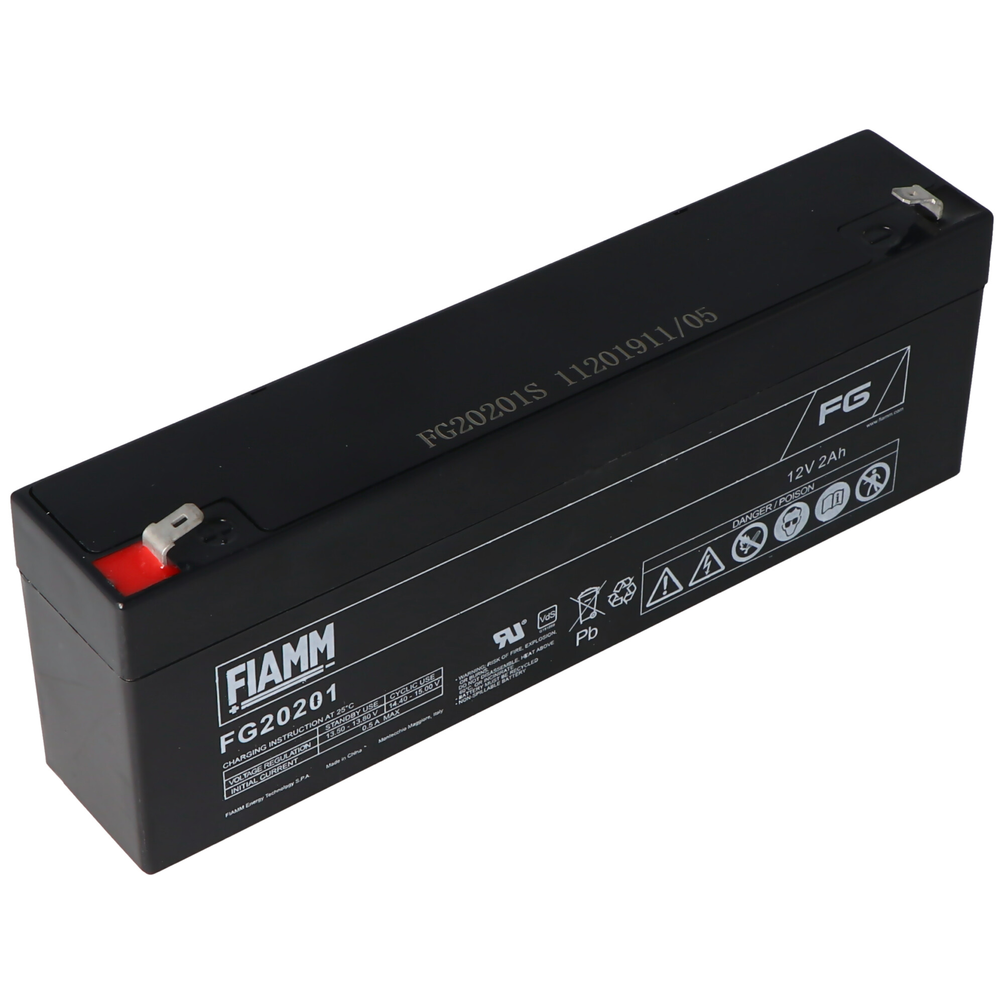 Zwarte rechthoekige batterij met labels, een rode veiligheidstip en waarschuwingssymbolen op wit.