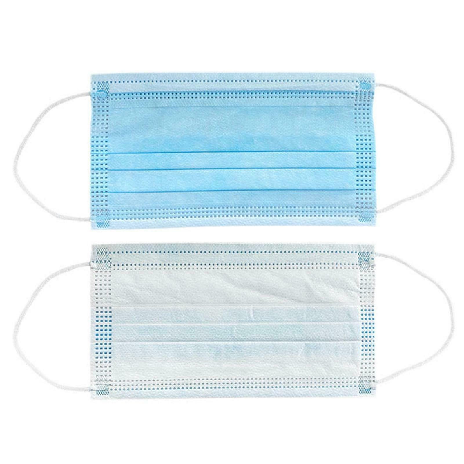 Zwei blau-weiße Gesichtsmasken, eine über der anderen, mit Ohrschlaufen.