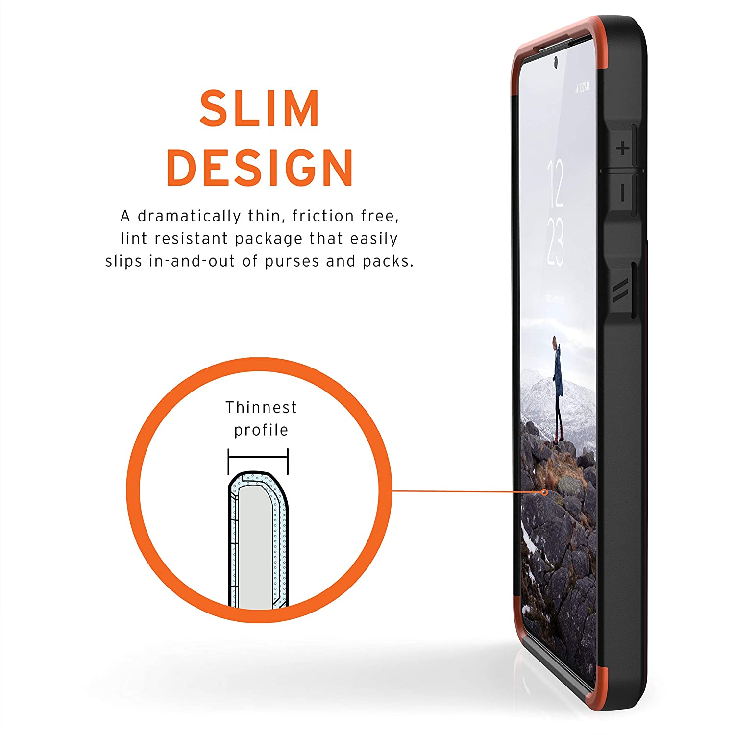 Smartphone-Hülle mit schwarzem und orangefarbenem Design, die ein schlankes Design hervorhebt, mit Text und einer Illustration.